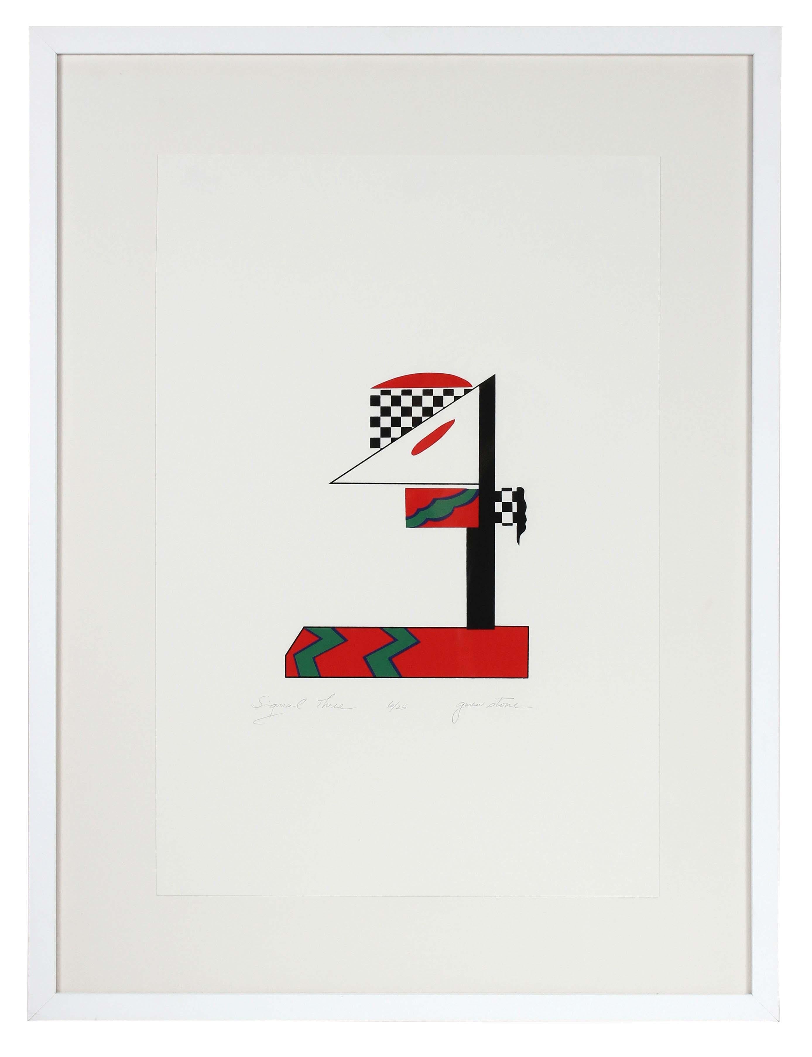 "Signal Three", 1978 Checkered Abstract Serigraph in Red, Green, Black and White