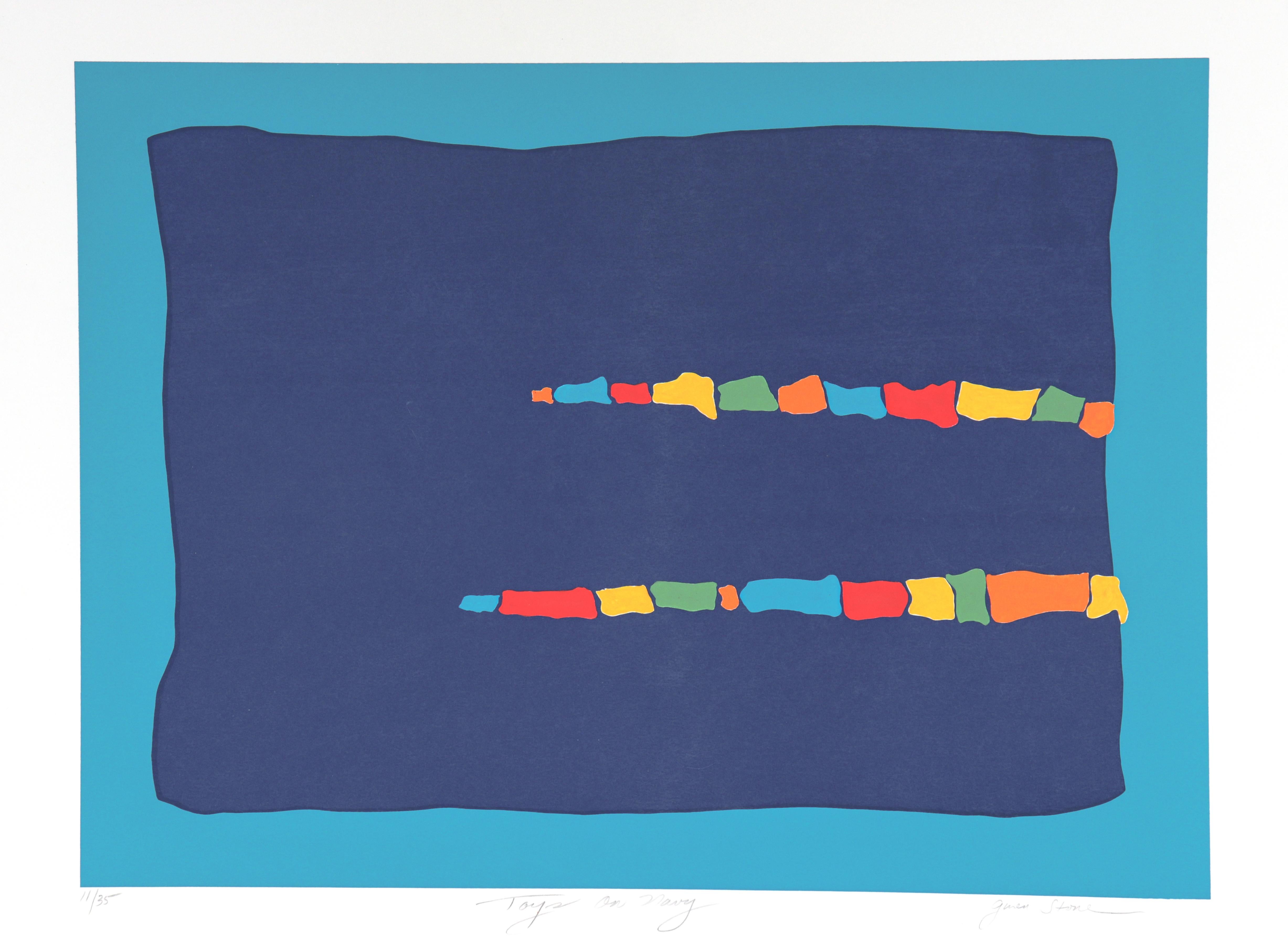 Gwen Stone Abstract Print - "Toys on Navy" 20th Century Serigraph