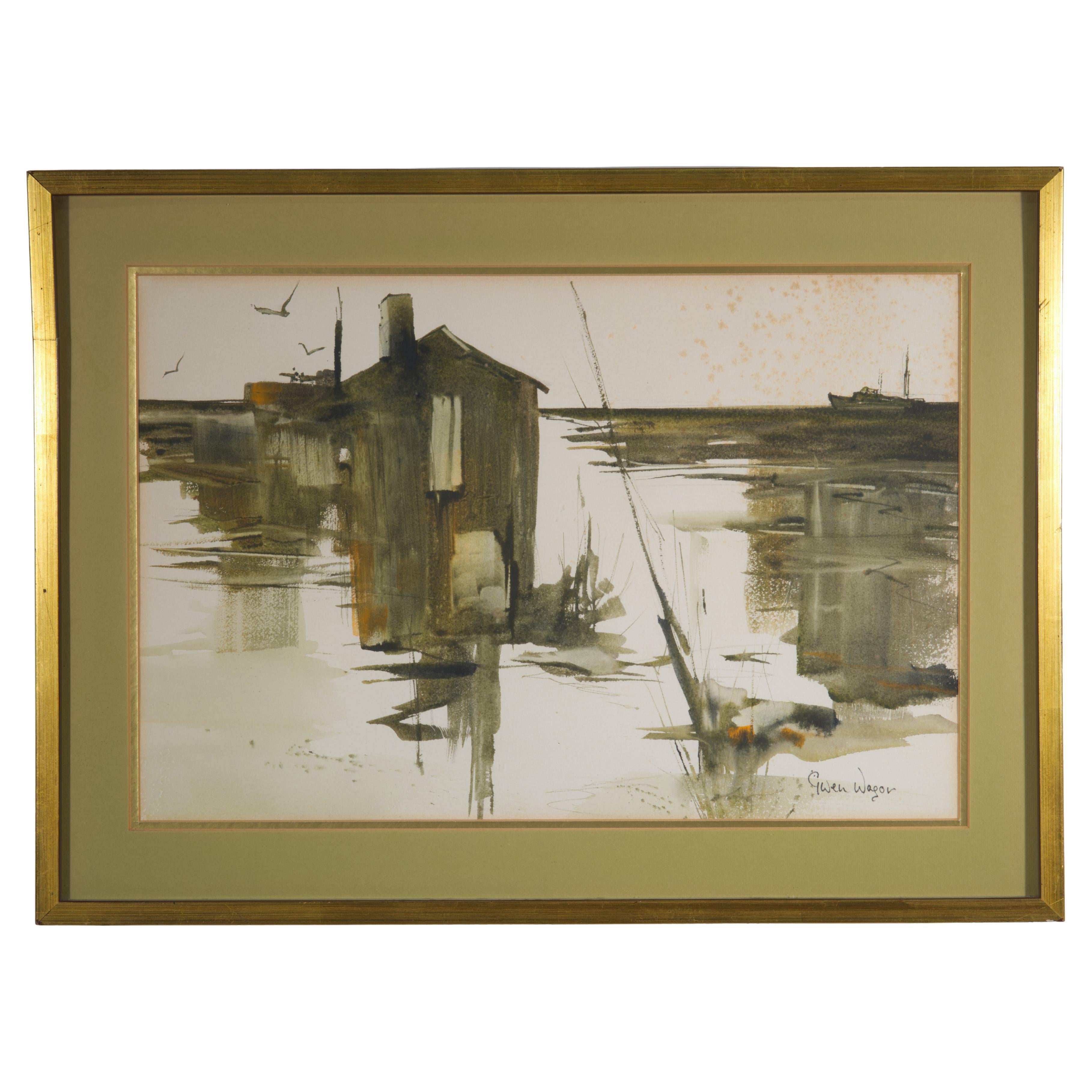 Gwen Wagor, Framed Modernist Watercolor Landscape Painting