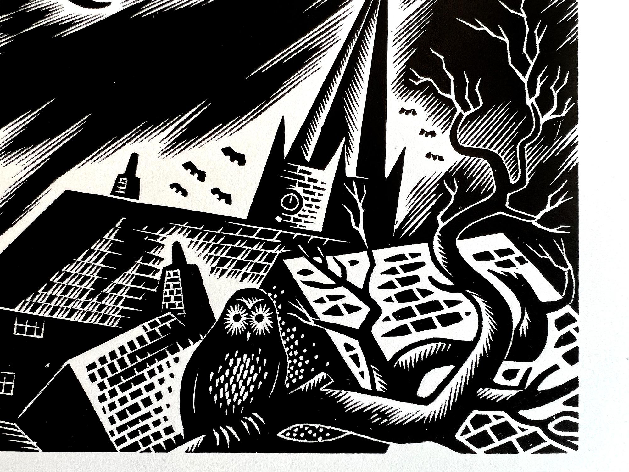 Die bahnbrechende Illustratorin Gwenda Morgan entwirft ein überschwängliches, komplexes Bild einer Gruppe von Besen reitenden, spitzhütigen Hexen mit schwarzen Katzen im Schlepptau. Sie fliegen durch einen tiefschwarzen, mondbeschienenen Himmel und