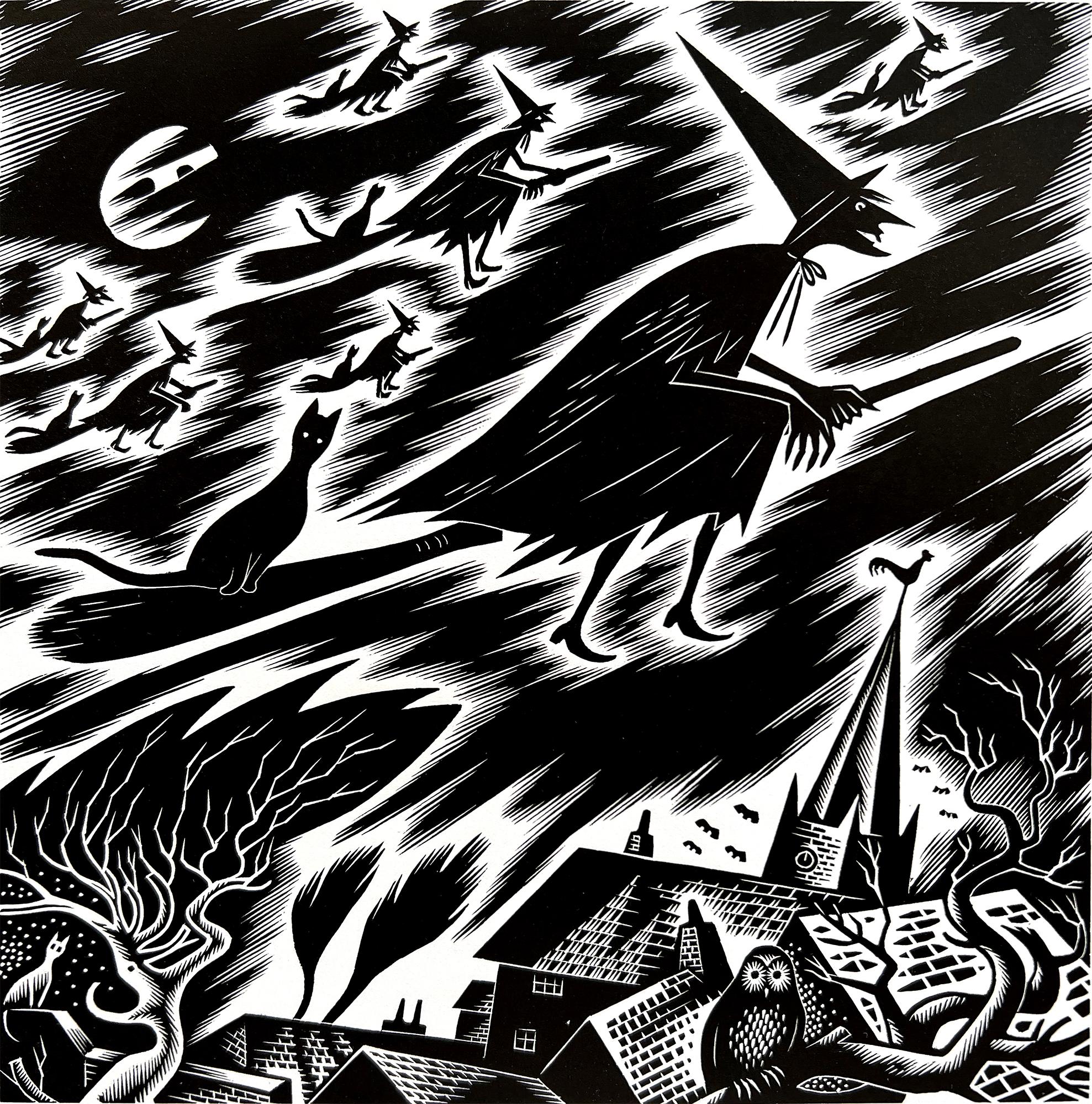 Gwenda Morgan Abstract Print - Midnight Madness - Witches on Night Flight