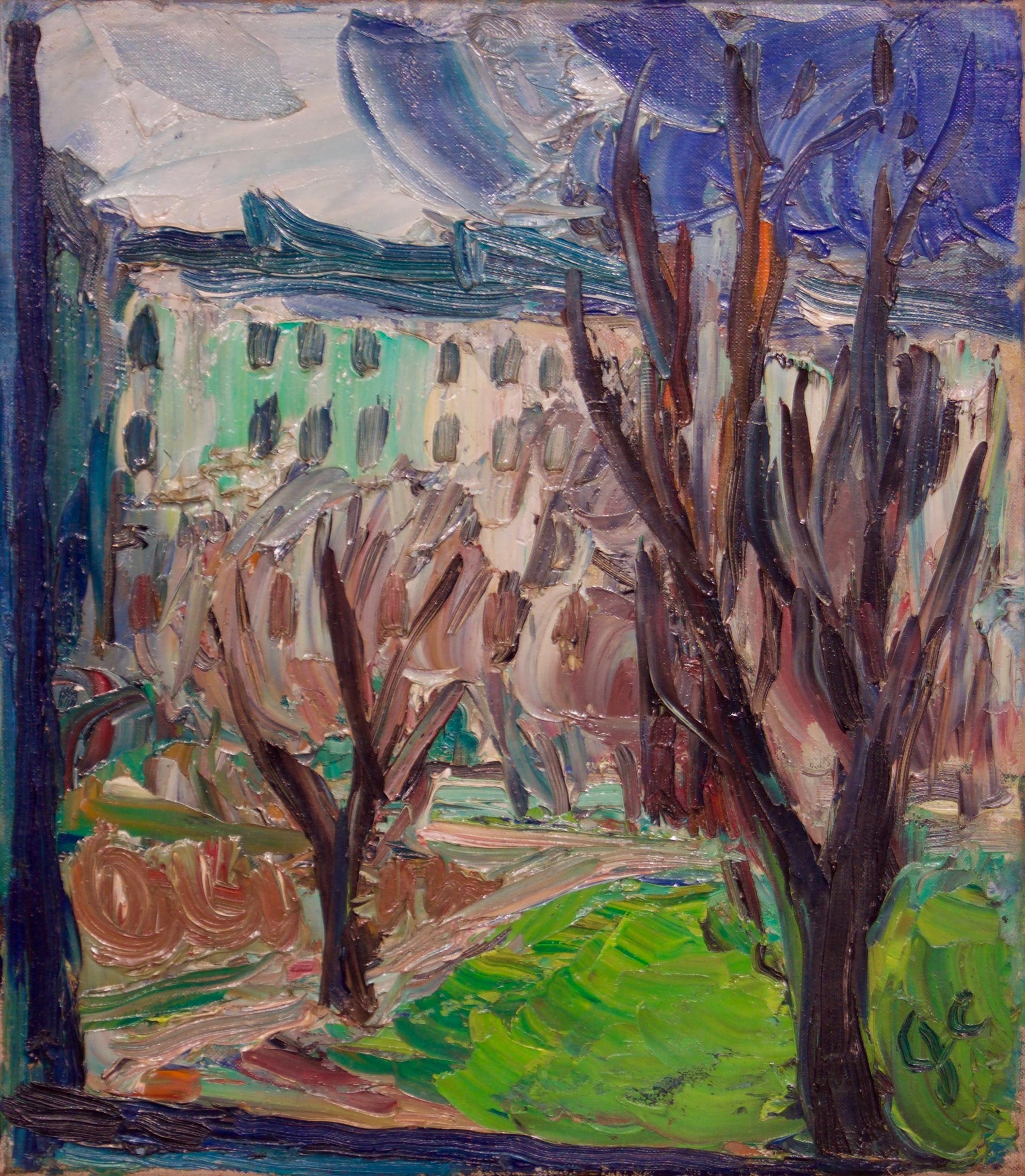 Landscape Painting de Gwendolyn Collins - Centro de Londres - Óleo impresionista sobre lienzo de principios del siglo XX por Gwen Collins
