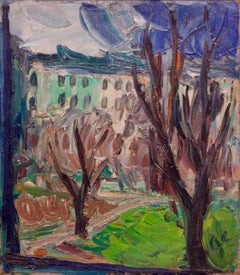 Central London - Huile impressionniste sur toile du début du 20e siècle par Gwen Collins