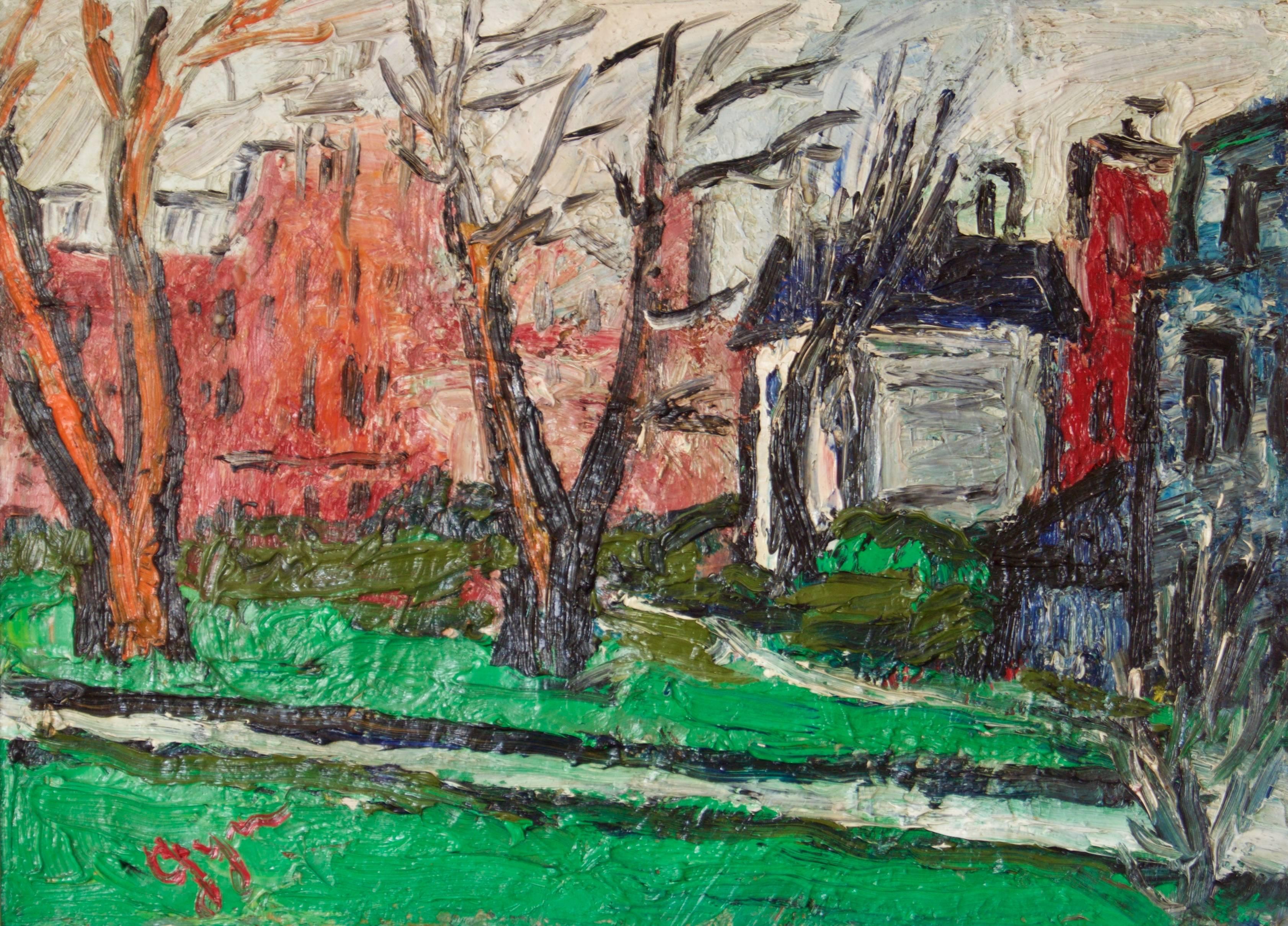 Gwendolyn Collins Landscape Painting – Winters Day in Kensington - Impressionistisches Ölgemälde von Gwen Collins, frühes 20. Jahrhundert