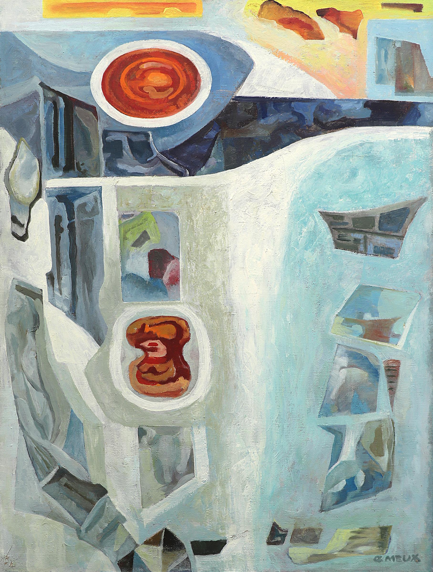 Dawn of the Tigris, peinture à l'huile abstraite moderne du milieu du siècle dernier, bleu, rouge et blanc - Abstrait Painting par Gwendolyn Dufill Meux