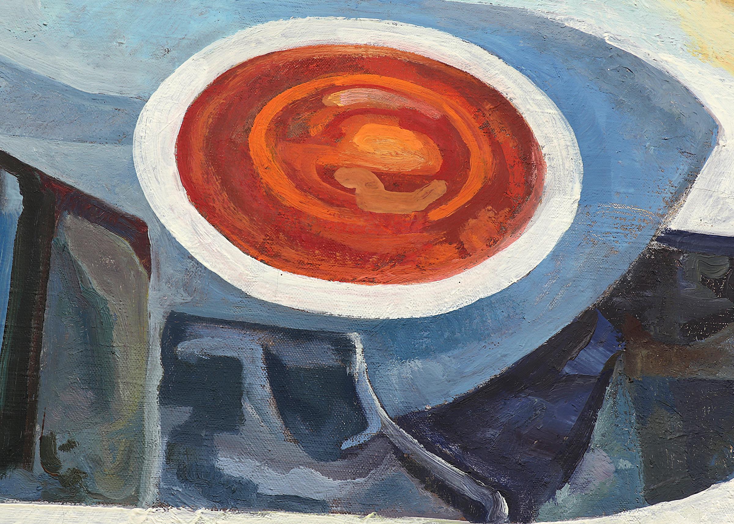 Dawn of the Tigris, peinture à l'huile abstraite moderne du milieu du siècle dernier, bleu, rouge et blanc en vente 4