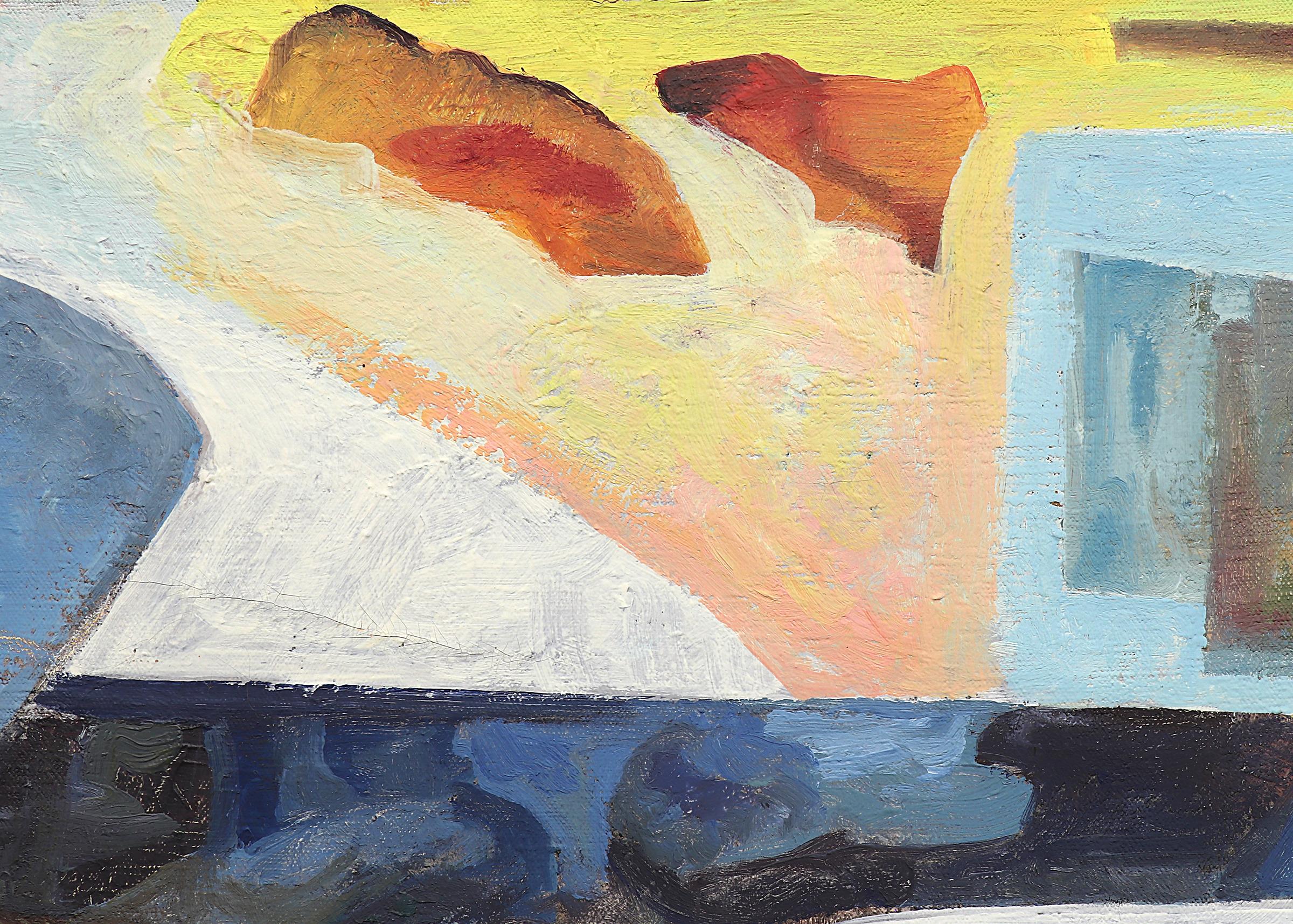 Dawn of the Tigris, Abstraktes Ölgemälde aus der Mitte des Jahrhunderts, Blau Rot Weiß im Angebot 6