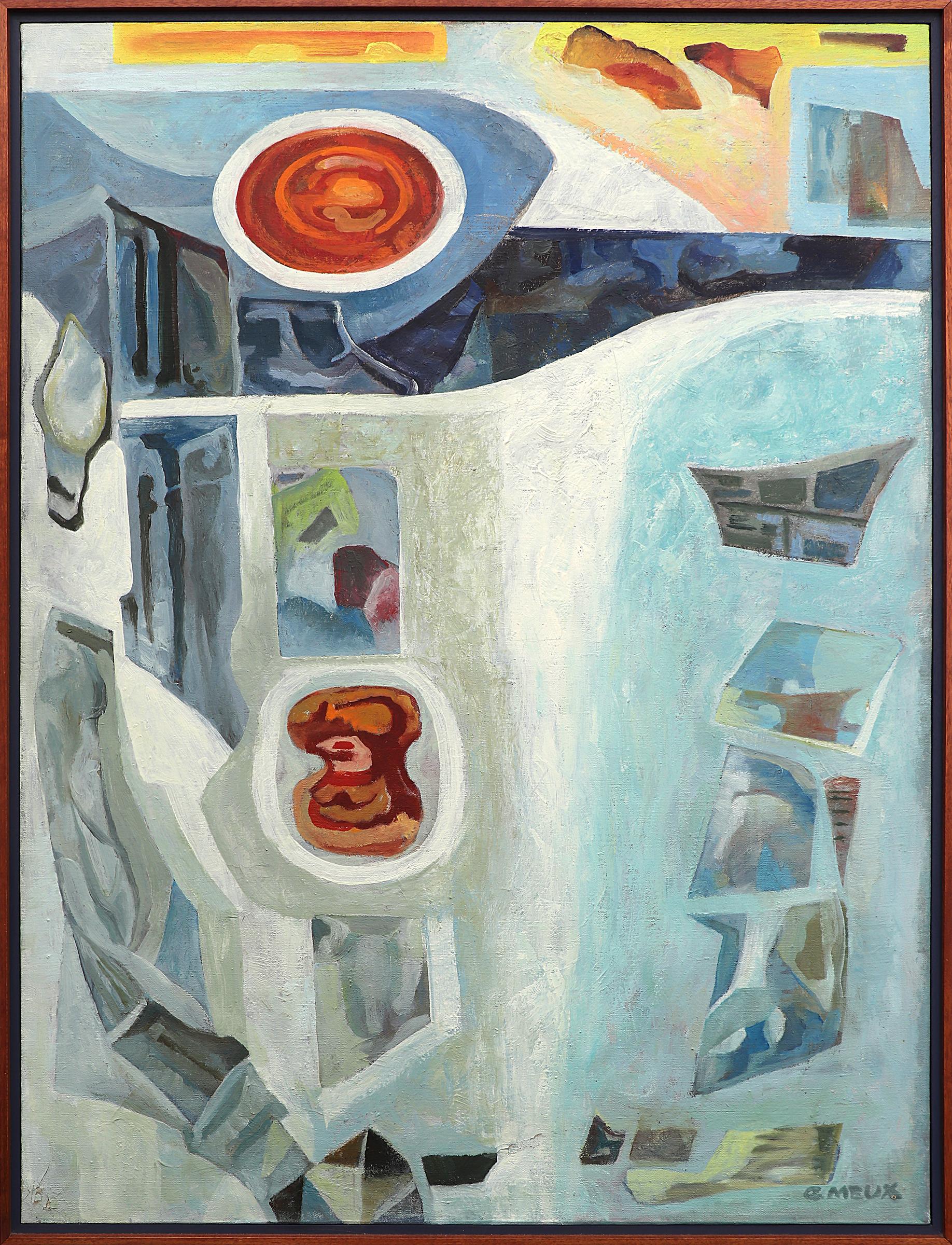 Dawn of the Tigris, peinture à l'huile abstraite moderne du milieu du siècle dernier, bleu, rouge et blanc - Painting de Gwendolyn Dufill Meux