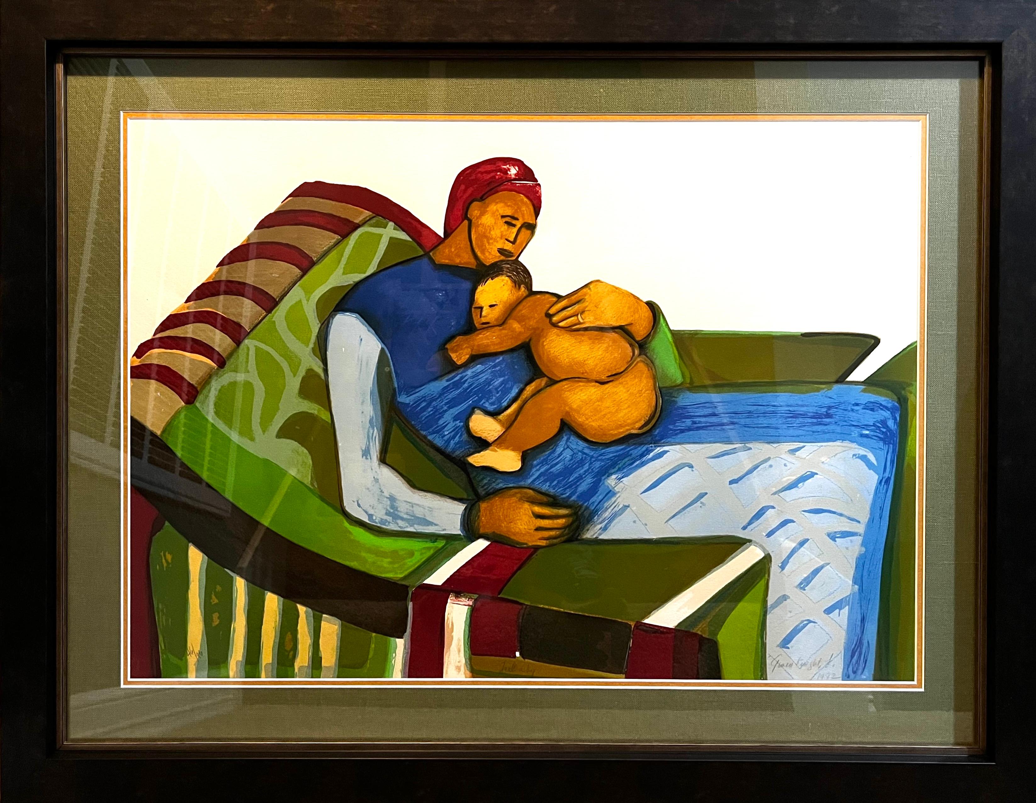 Berceuse : Jacob Lawrence épouse, mère et enfant embrassés dans un intérieur abstrait. - Print de Gwendolyn Knight