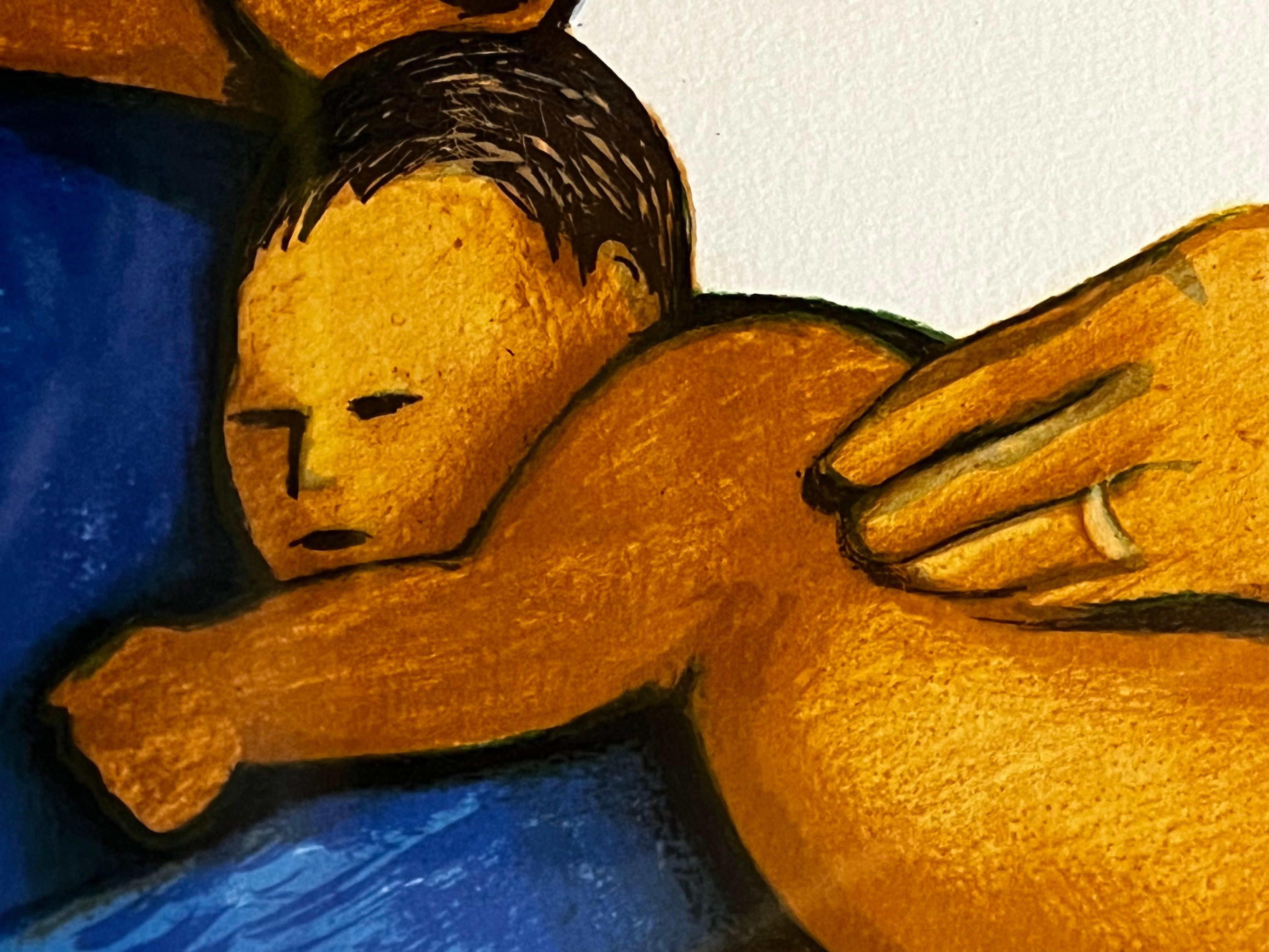 Berceuse : Jacob Lawrence épouse, mère et enfant embrassés dans un intérieur abstrait. en vente 1