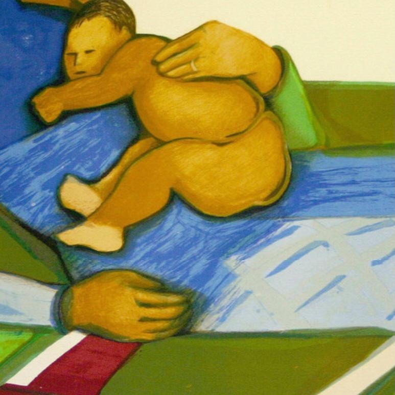 Berceuse : Jacob Lawrence épouse, mère et enfant embrassés dans un intérieur abstrait. en vente 4