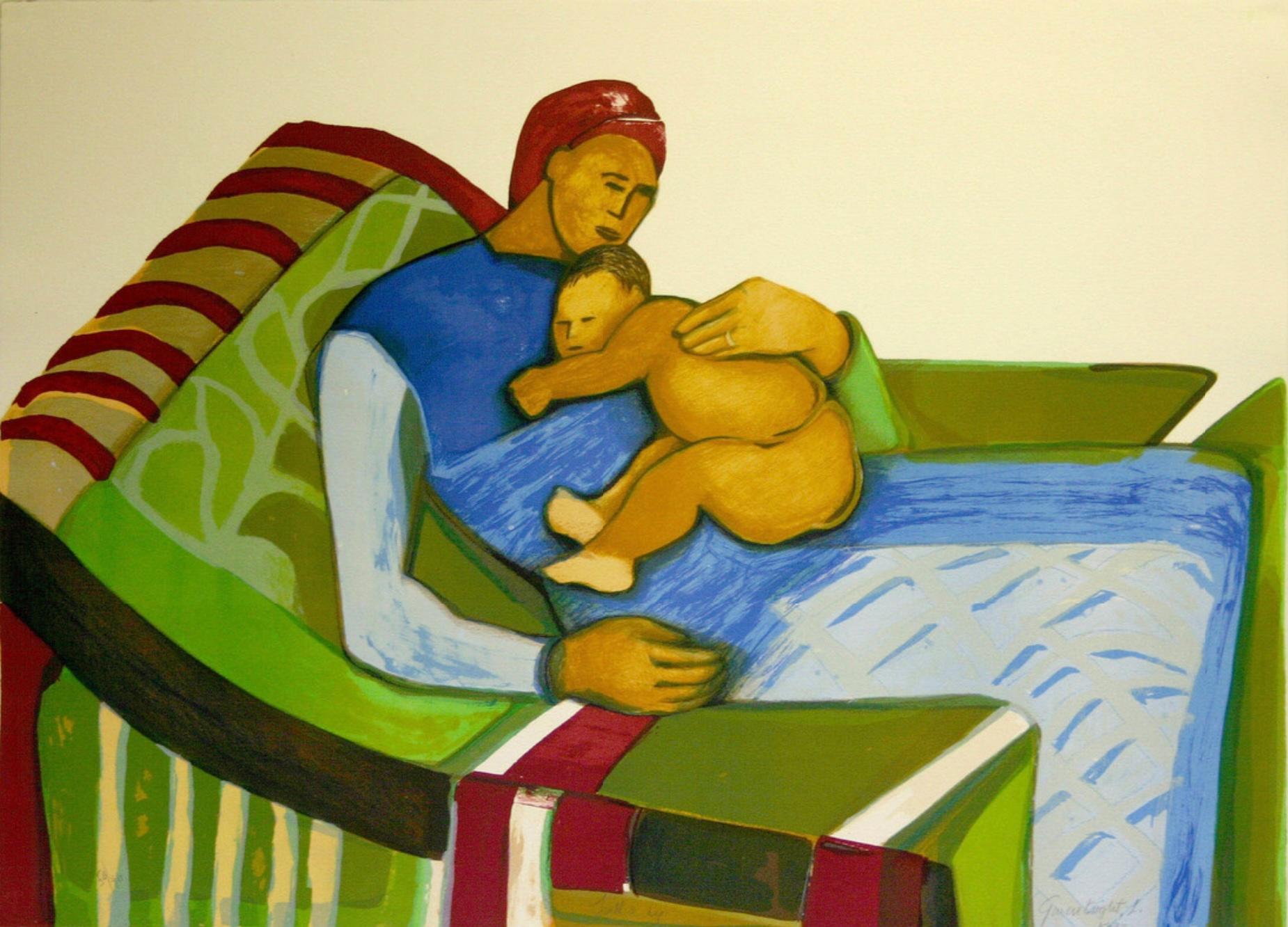 Abstract Print Gwendolyn Knight - Berceuse : Jacob Lawrence épouse, mère et enfant embrassés dans un intérieur abstrait.