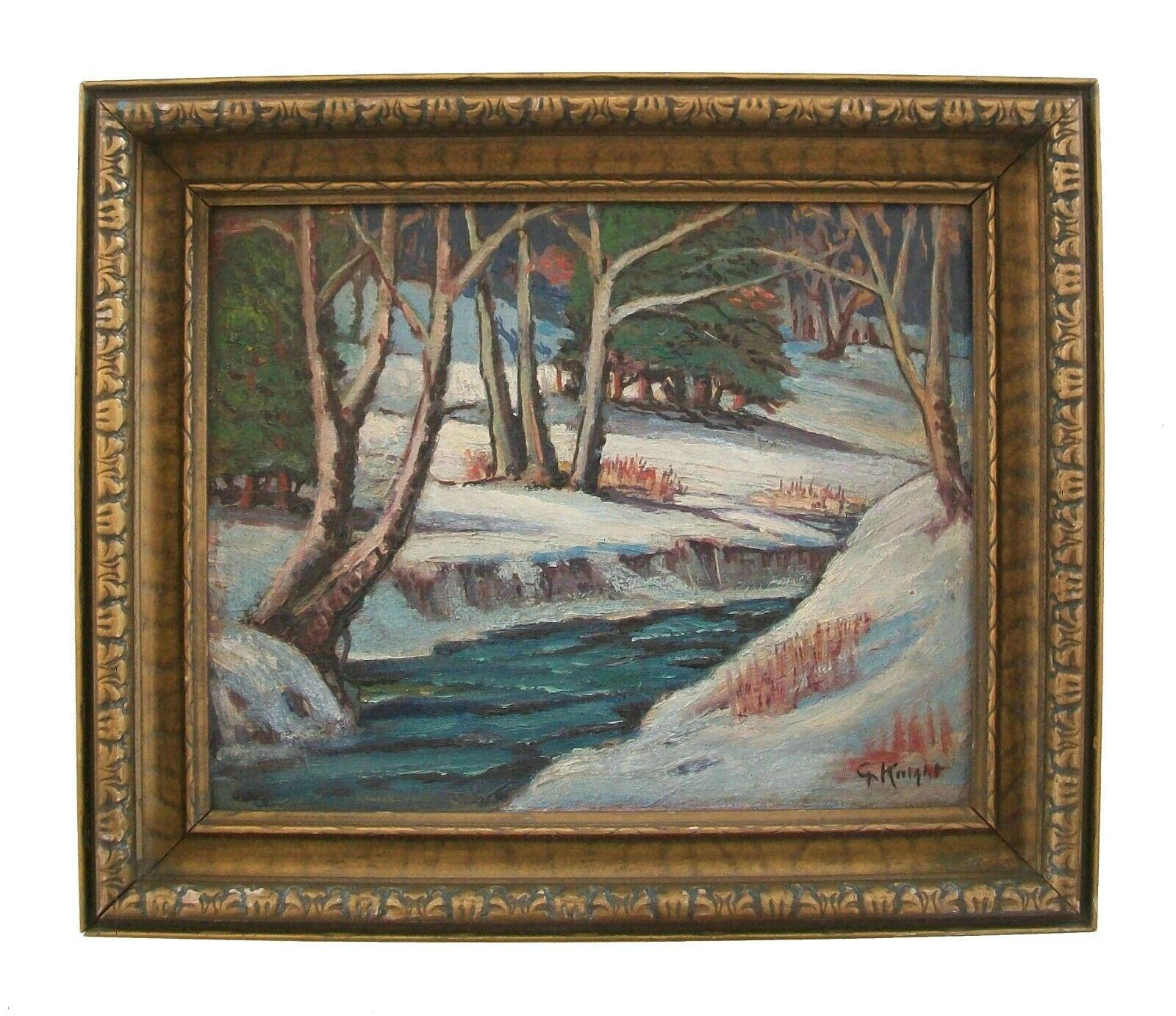 Gwendolyn Knight Lawrence (American 1913-2005) - 'Sans titre' - Peinture à l'huile post-impressionniste de paysage d'hiver sur panneau recouvert de toile d'artiste - cadre original en pin avec finition dorée - signé en bas à droite - États-Unis -