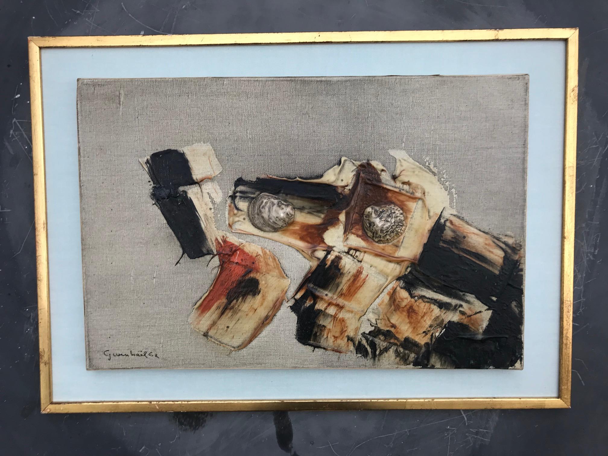 A good early example of an abstract painting, by the French 20th century artist Gwenhael Bore. Born in 1947. This painting is titled Rozana and dated 1962 on the back of the canvas. The artist has used mixed media in this specific work which gives