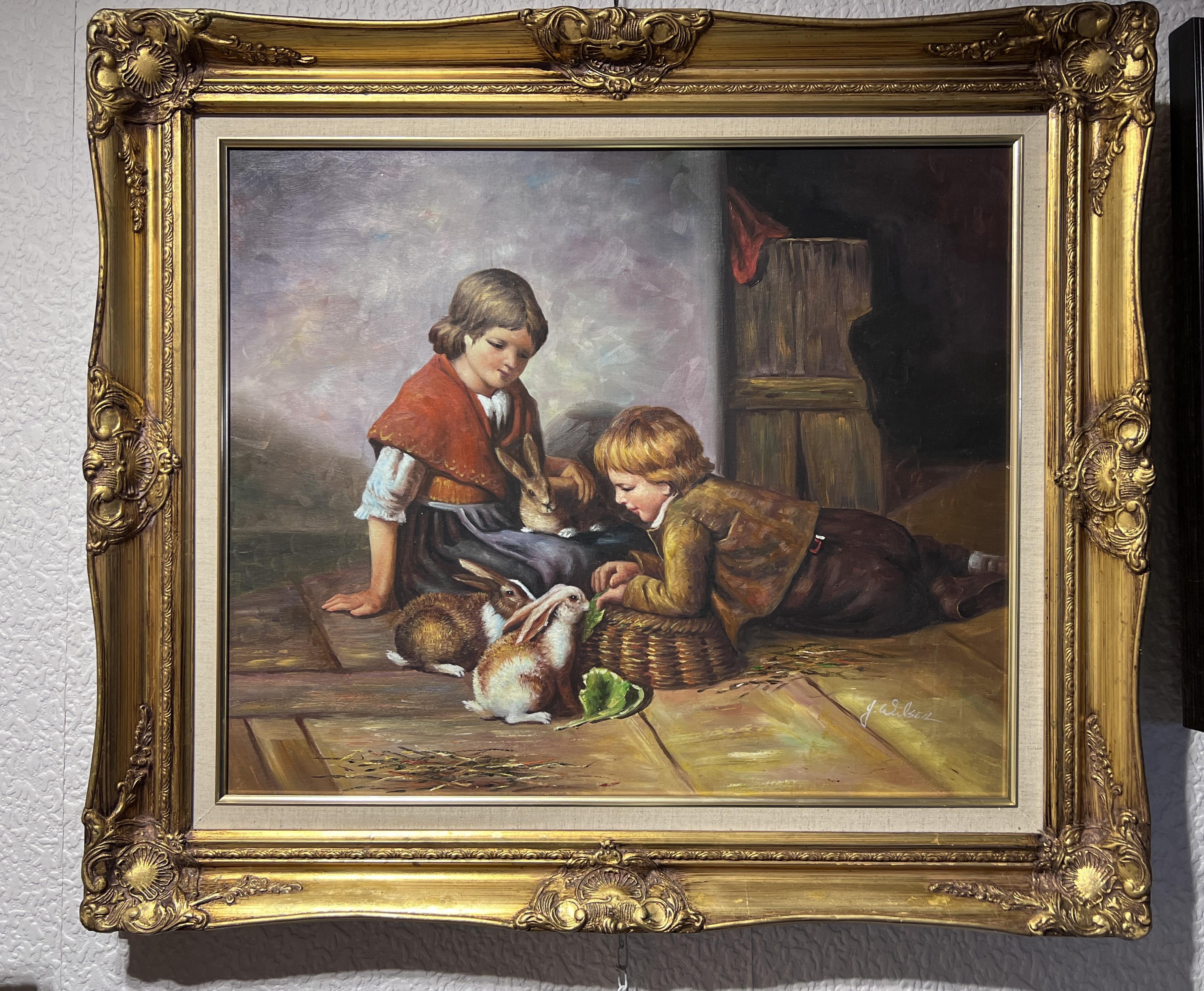 G.Wilson Vintage Oil painting on canvas, children playing with rabbit, framed For Sale 1