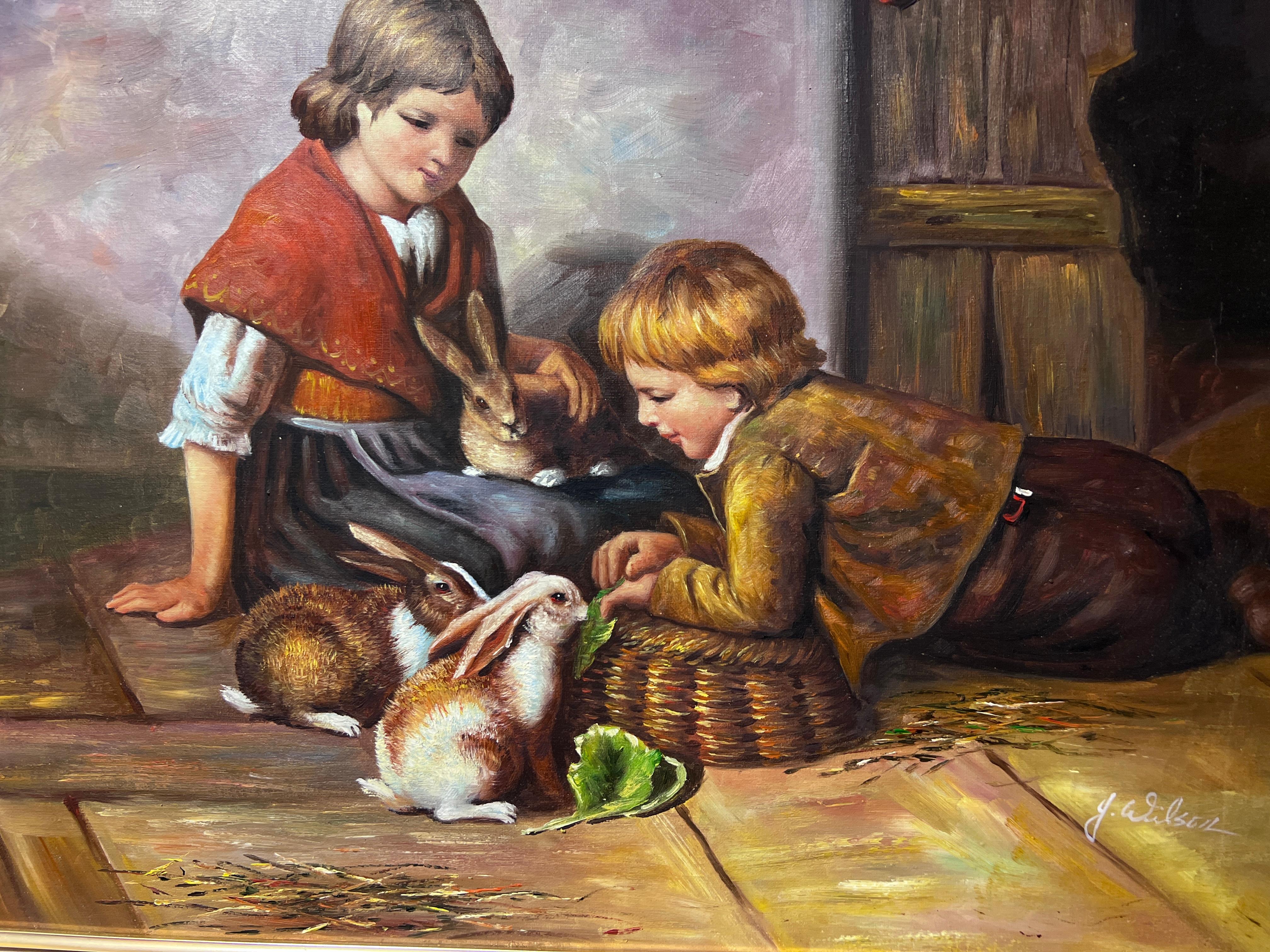 G.Wilson Vintage Pittura a olio su tela, bambini che giocano con un coniglio, incorniciata in vendita 2