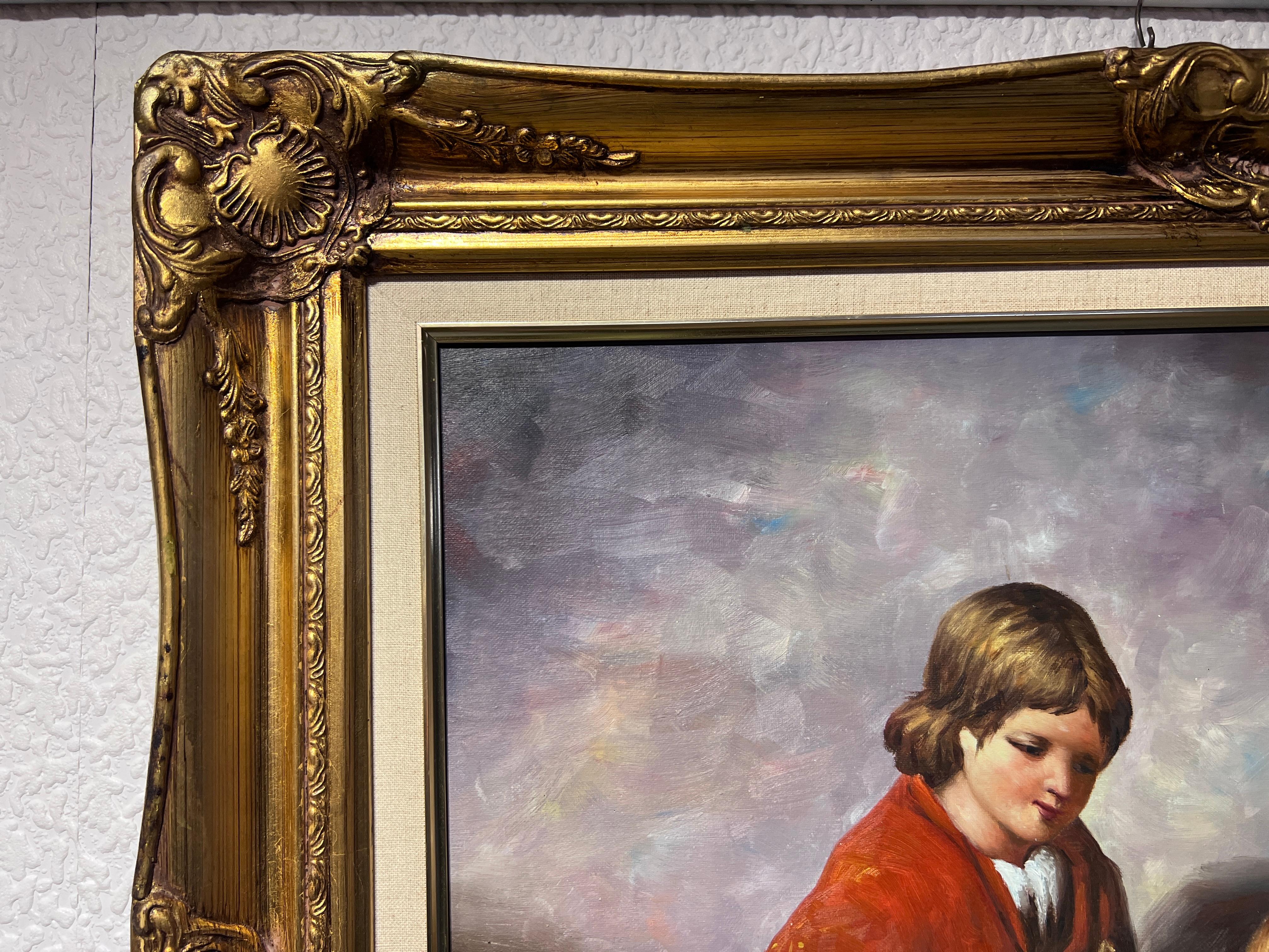 G.Wilson Vintage Pittura a olio su tela, bambini che giocano con un coniglio, incorniciata in vendita 4