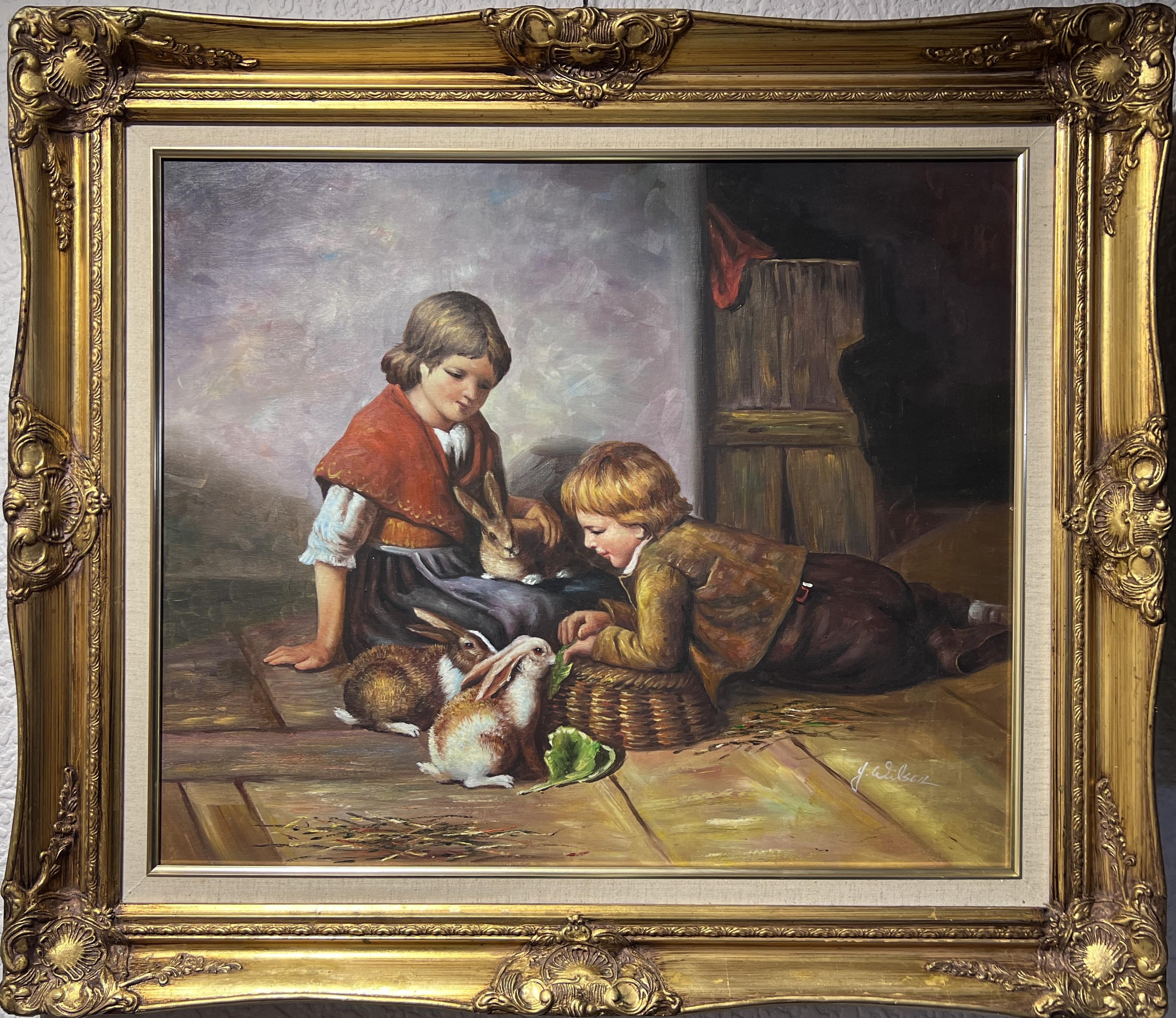 This is a lovely vintage oil painting on canvas capturing a tender moment between two young children and their pet rabbits. One child, dressed in a brown suit, is lying on the floor, closely observing or playing with a rabbit, while the second