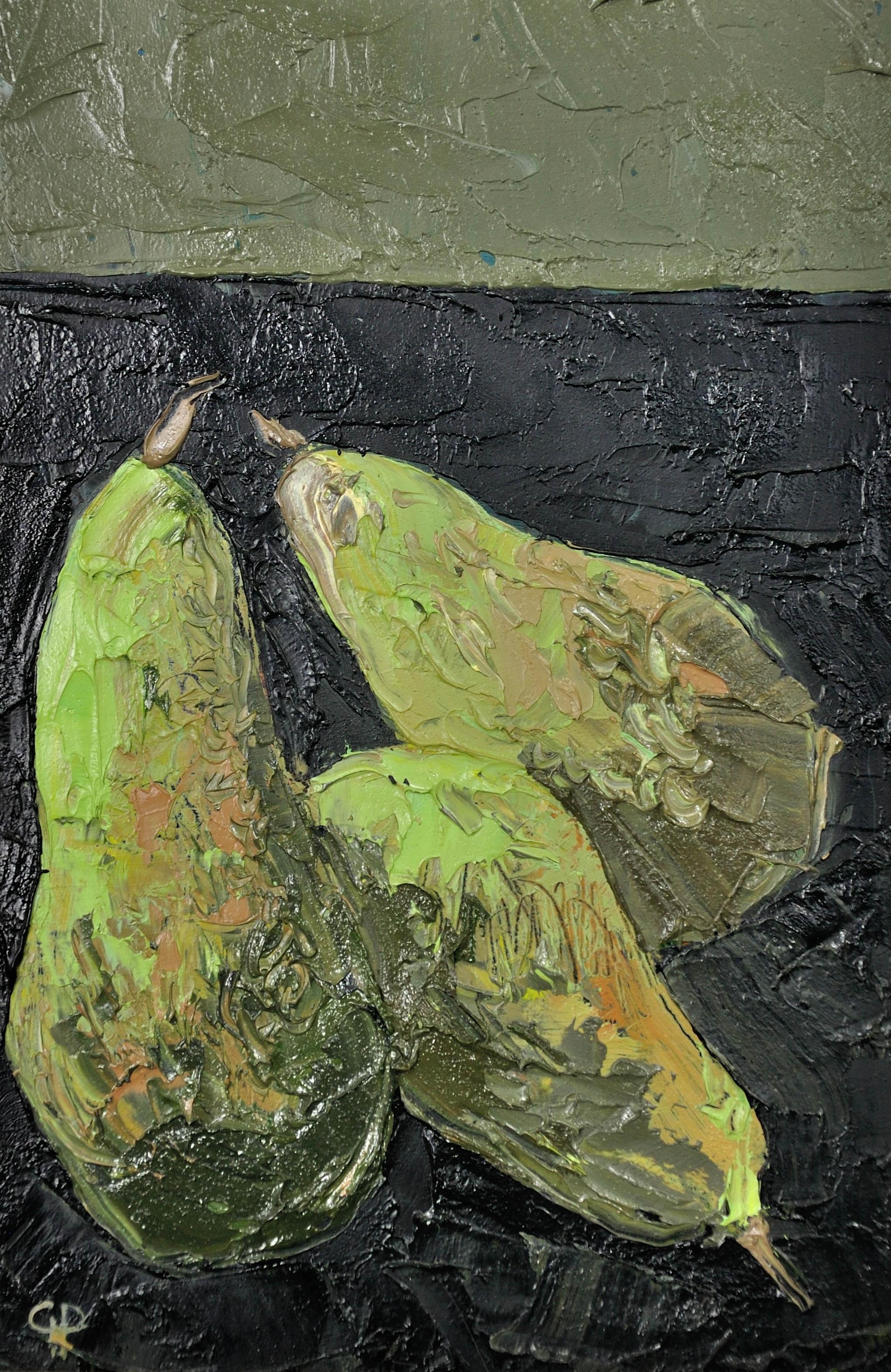 Drei Birnen, 2011. Stillleben. Obst. Modernes Walisisch. Impasto-Paletten-Messer. – Painting von Gwilym Prichard
