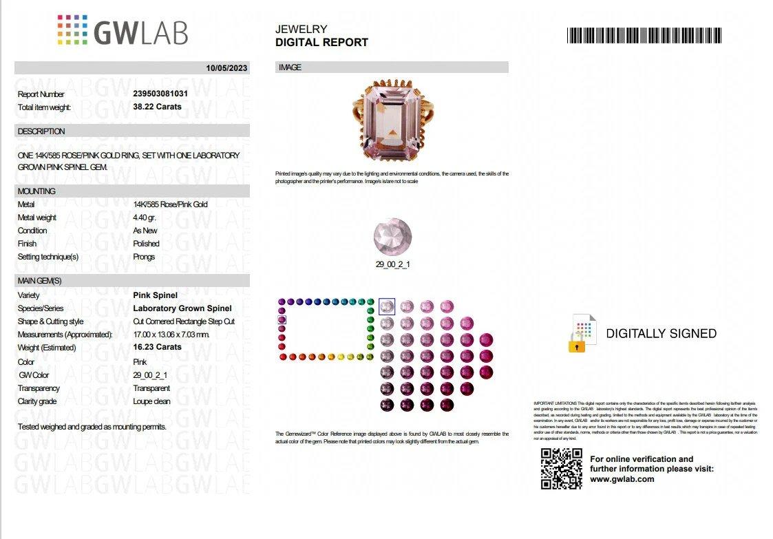GWLAB Certified, 16.23ct Pink Spinel Emerald Cut, 14k Rose Gold, Cocktail Ring For Sale 6