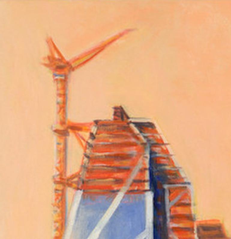 53W53 Rising, Vue de la 54e rue, août, peinture d'une ligne d'horizon impressionniste - Beige Landscape Painting par Gwyneth Leech
