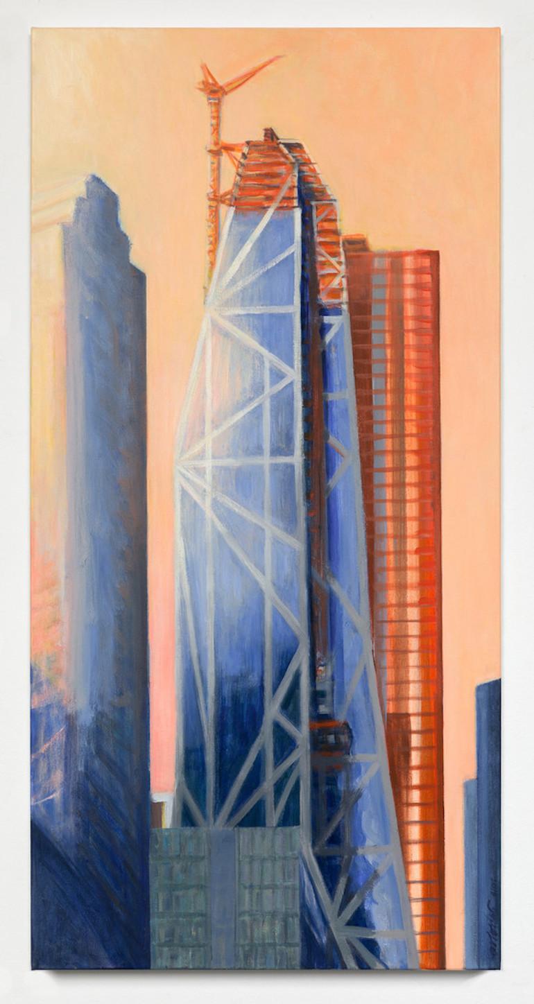 Landscape Painting Gwyneth Leech - 53W53 Rising, Vue de la 54e rue, août, peinture d'une ligne d'horizon impressionniste