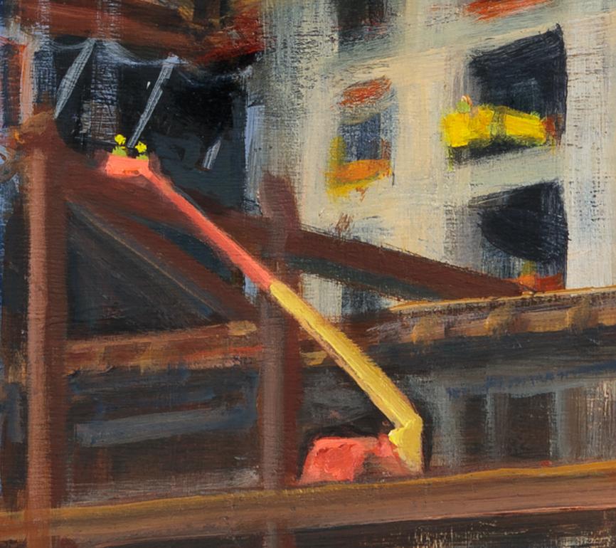 Blue Crane and Steel Rising, Hudson Yards, impressionistisches Stadtlandschaftsgemälde (Impressionismus), Painting, von Gwyneth Leech