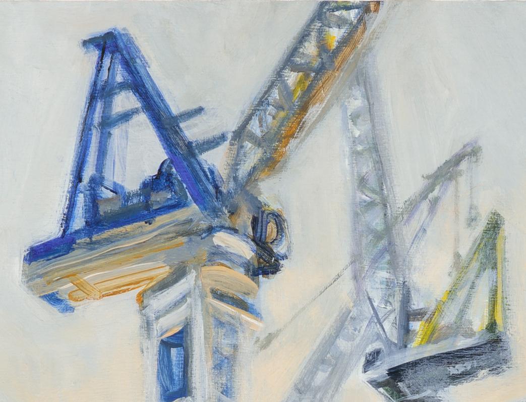 Blue Crane and Steel Rising, Hudson Yards, impressionistisches Stadtlandschaftsgemälde (Grau), Landscape Painting, von Gwyneth Leech