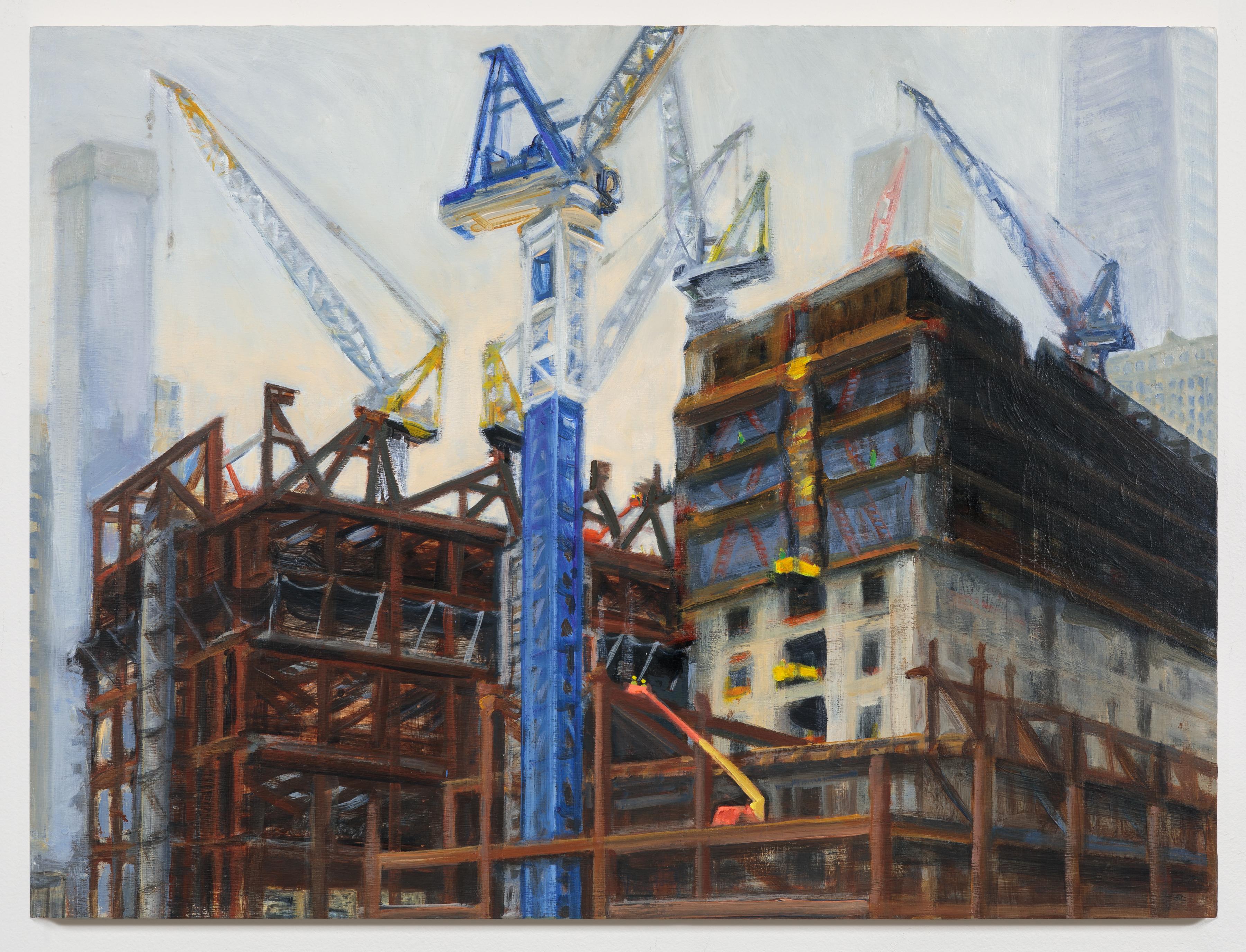 Gwyneth Leech Landscape Painting – Blue Crane and Steel Rising, Hudson Yards, impressionistisches Stadtlandschaftsgemälde
