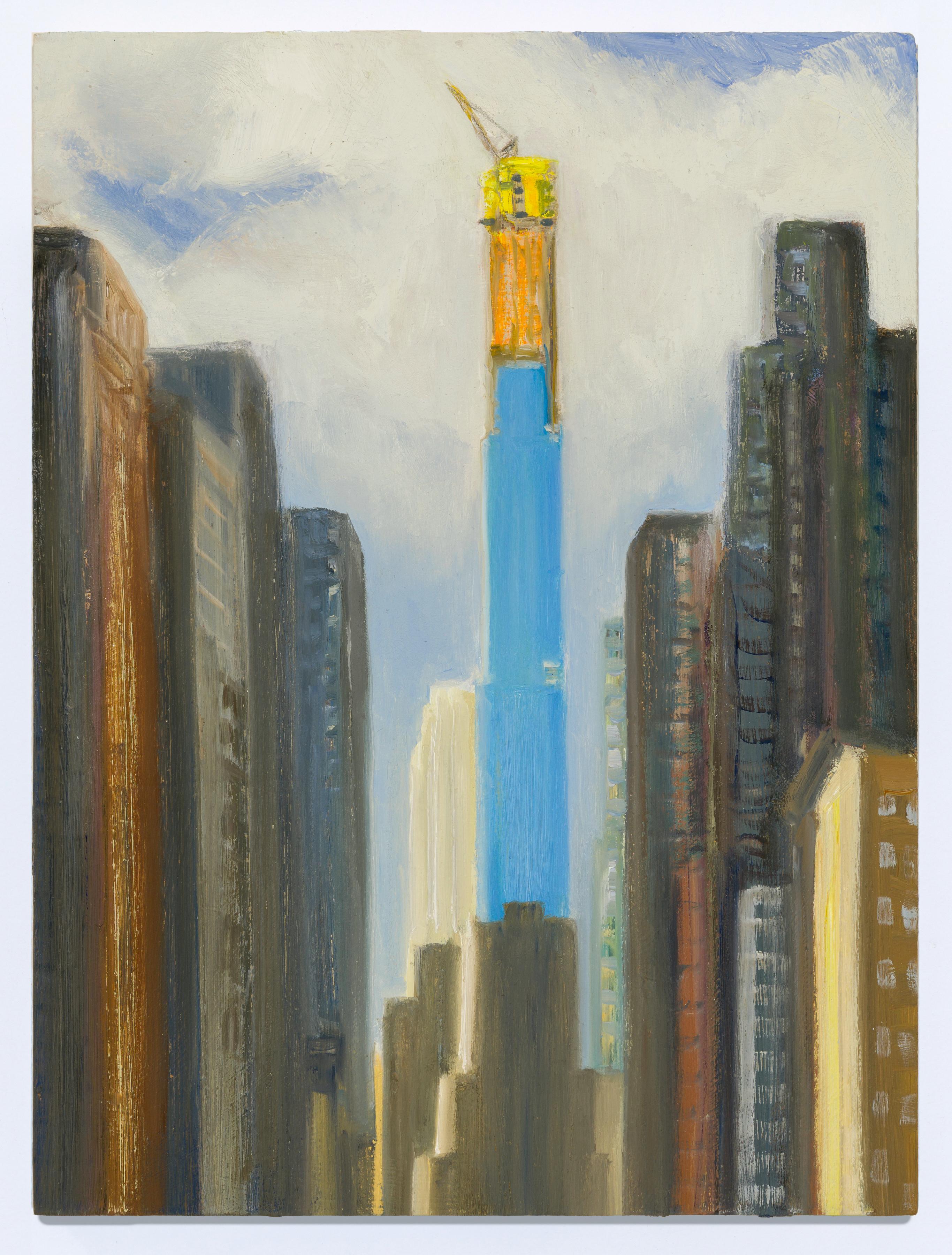 Gwyneth Leech Landscape Painting - Central Park Tower Rising, View from Broadway and 51st Street, Summer