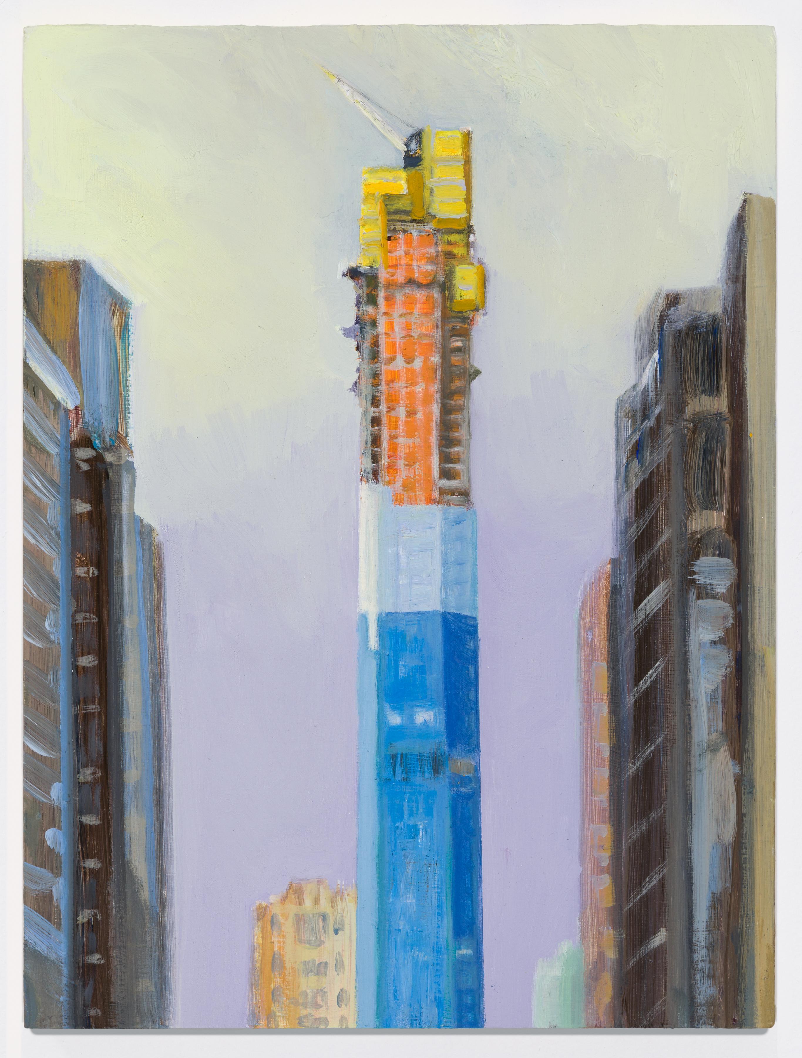 Gwyneth Leech Landscape Painting - Central Park Tower Rising, View from Broadway, Lavender Sky