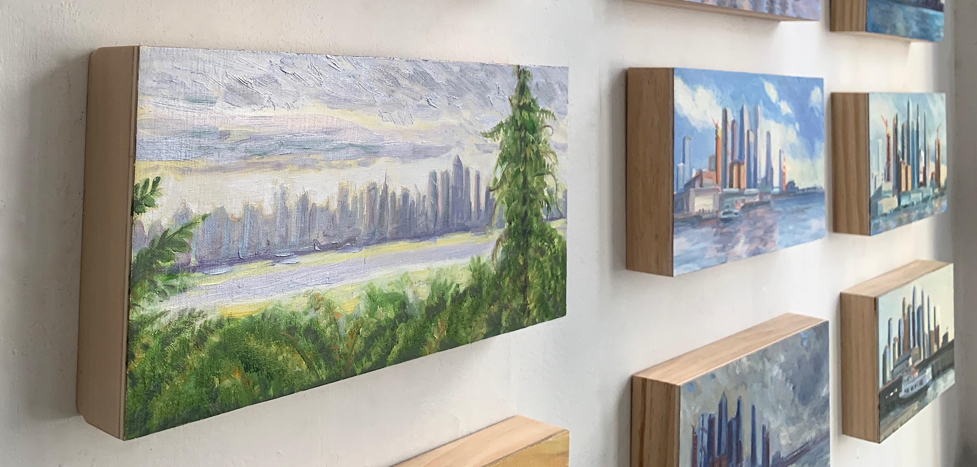 Crossing the Water: View of the Hudson Yards, Impressionist skyline painting - Painting by Gwyneth Leech