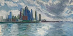 Crossing the Water : View of the Hudson Yards, peinture impressionniste d'une ligne d'horizon