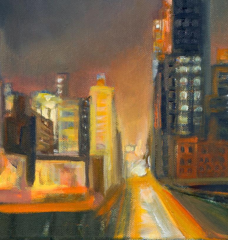 Hudson Yards North, Night View Looking East depuis la 11th Avenue et la 35th Street - Noir Landscape Painting par Gwyneth Leech