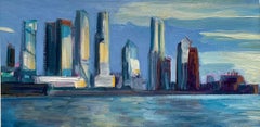 Vista del atardecer desde el muelle 76, óleo sobre lino, pintura impresionista del horizonte