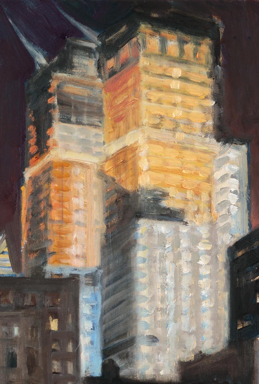 Courtepointes matelassées avec vue sur le mont Hudson et la vue de la nuit depuis la West 39th Street - Noir Landscape Painting par Gwyneth Leech