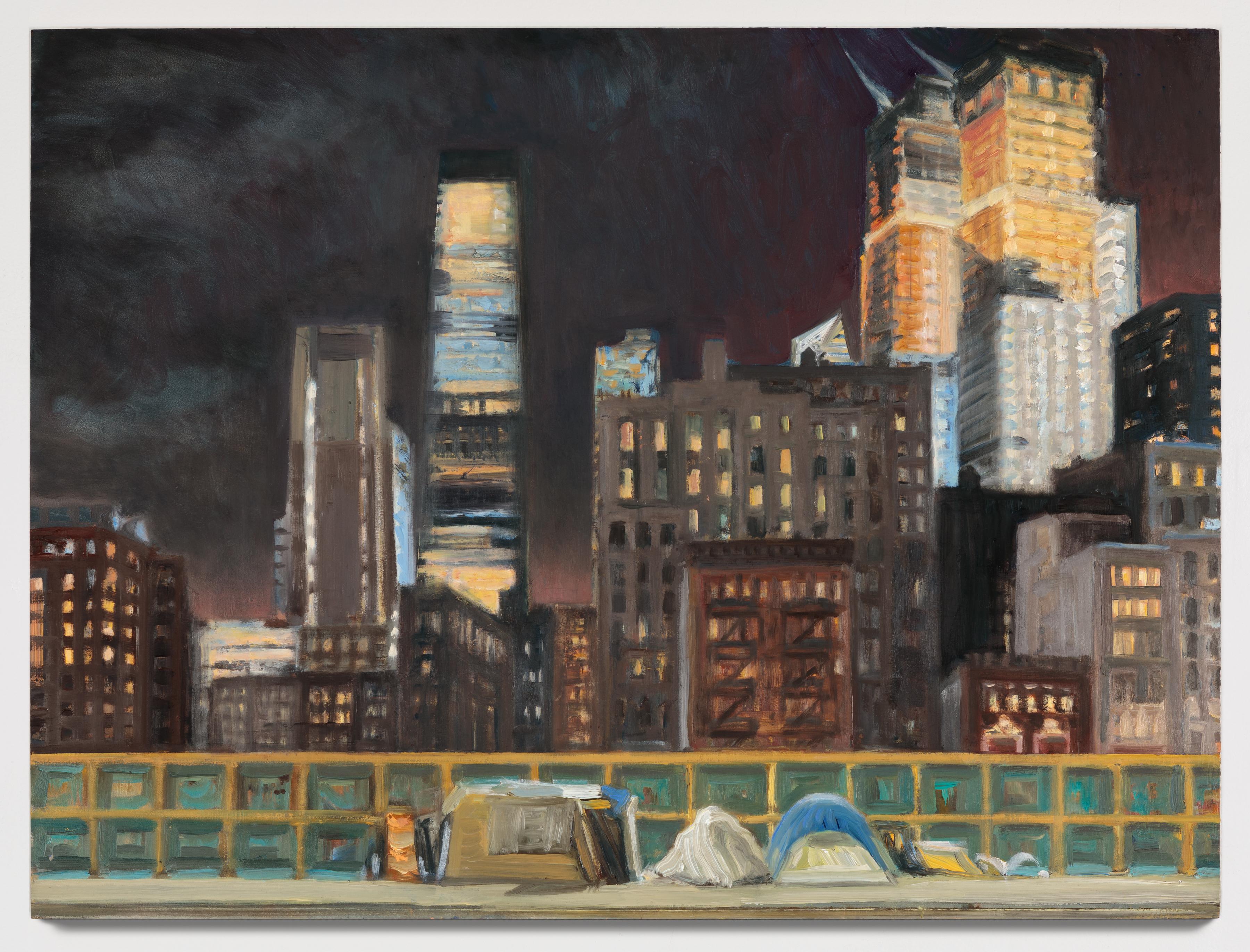 Gwyneth Leech Landscape Painting - Makeshift Shelters with Hudson Yards Rising, Night View from West 39th Street