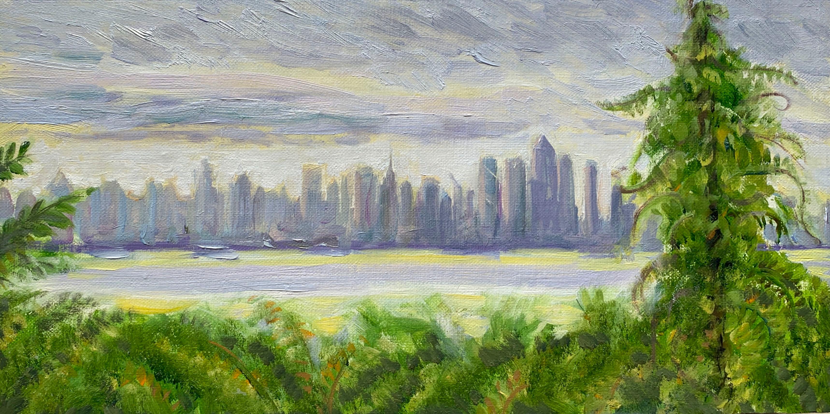 Landscape Painting Gwyneth Leech - Ligne d'horizon du New Midtown depuis les Clifftops de Weehawken, huile sur lin, art impressionniste