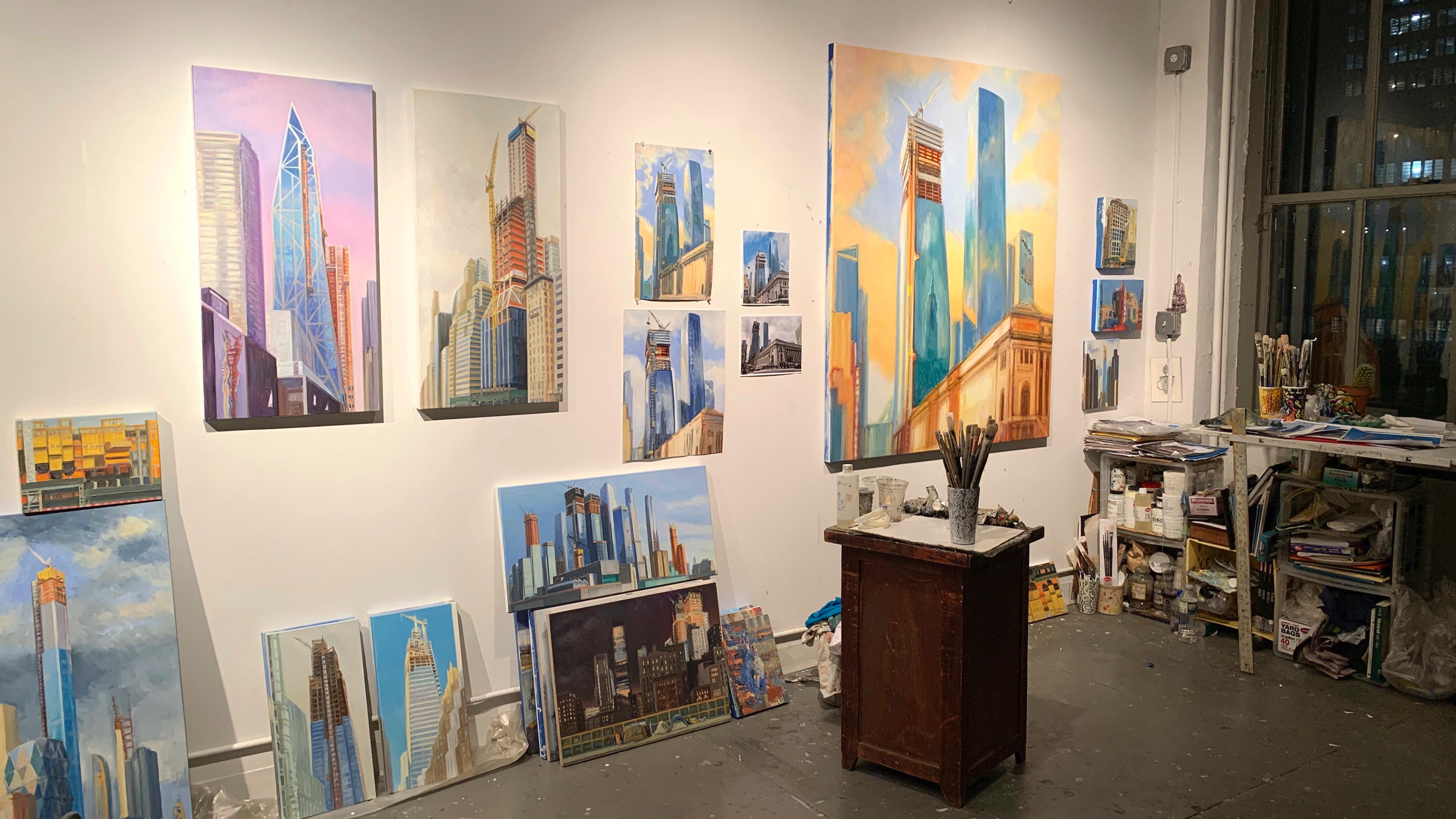 OVA Crown in Construction, View from Madison Avenue, Looking South 2 - Blue Landscape Painting by Gwyneth Leech