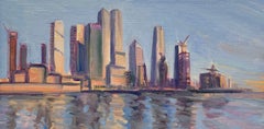 Reflected Sunset View from Pier 76, Öl auf Leinen, impressionistisches Skyline-Gemälde