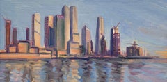 Vista reflejada del atardecer desde el muelle 76, óleo sobre lino, pintura impresionista del horizonte