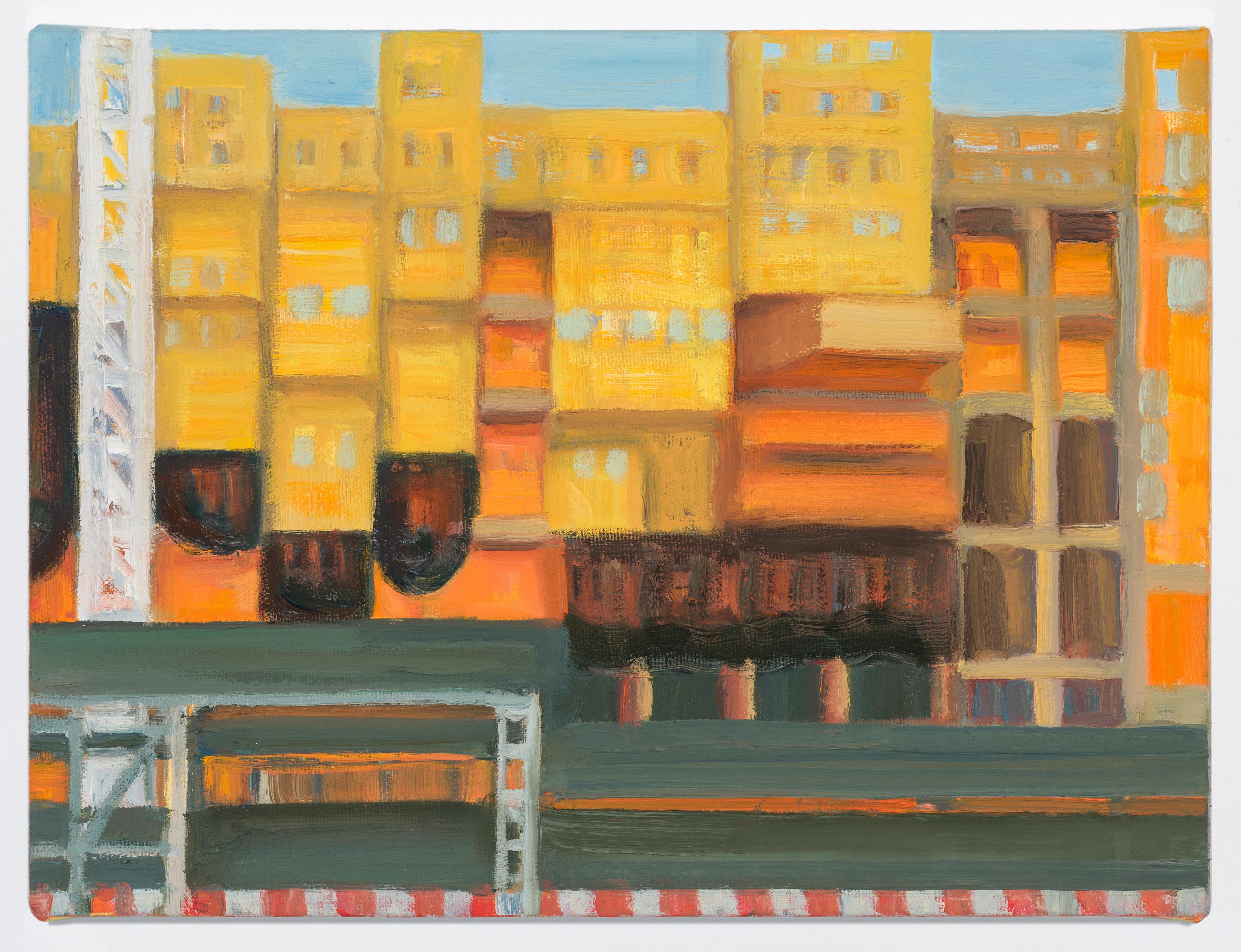 Landscape Painting Gwyneth Leech - Scaffold Covers n° 2, Upper West Side, peinture de paysage urbain impressionniste