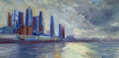 Vue de tempête depuis le Pier 8, huile sur lin, peinture d'une ligne d'horizon impressionniste