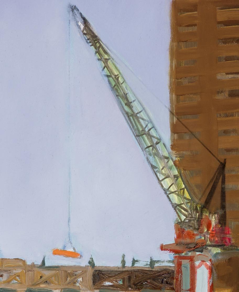 View to the West from the Studio with Building Rising (Vue vers l'Ouest depuis l'atelier avec le monticule), peinture impressionniste - Gris Landscape Painting par Gwyneth Leech