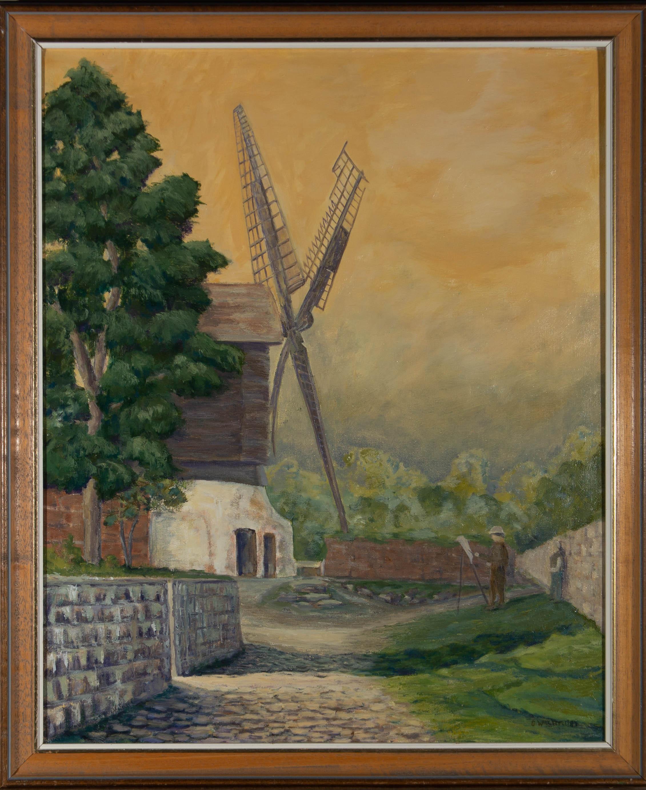 A landscape depicting Wavertree Mill in Liverpool. A figure stands painting to the right of the composition, possibly a self-portrait by the artist. Presented in a wooden frame with a gold and white inner edge. Signed and dated to the lower-right