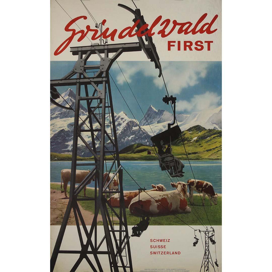 The "Grindelwald First" poster, crafted by Gyger & Klopfenstein in the 1950s, is a vivid representation of mid-20th-century Swiss tourism. Designed to attract visitors to the alpine village of Grindelwald, the poster showcases breathtaking imagery