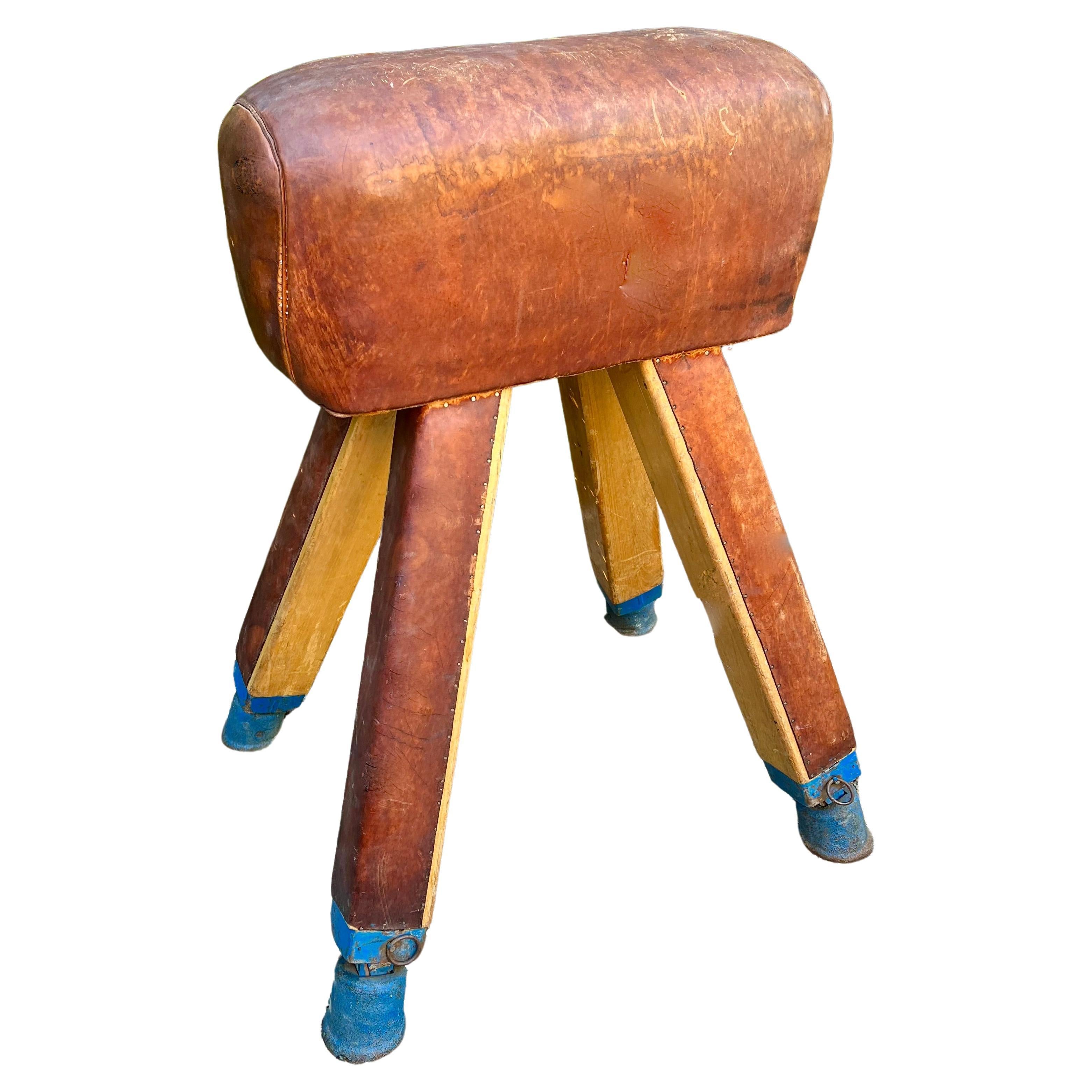 A Pommel Horse Beautifully Patinated in leather. The wooden legs and Blue metal Sabots with rings give this French piece a wonderfully patinated finish from years of use. The vintage quality suffers no offensive tears, cracks or physical