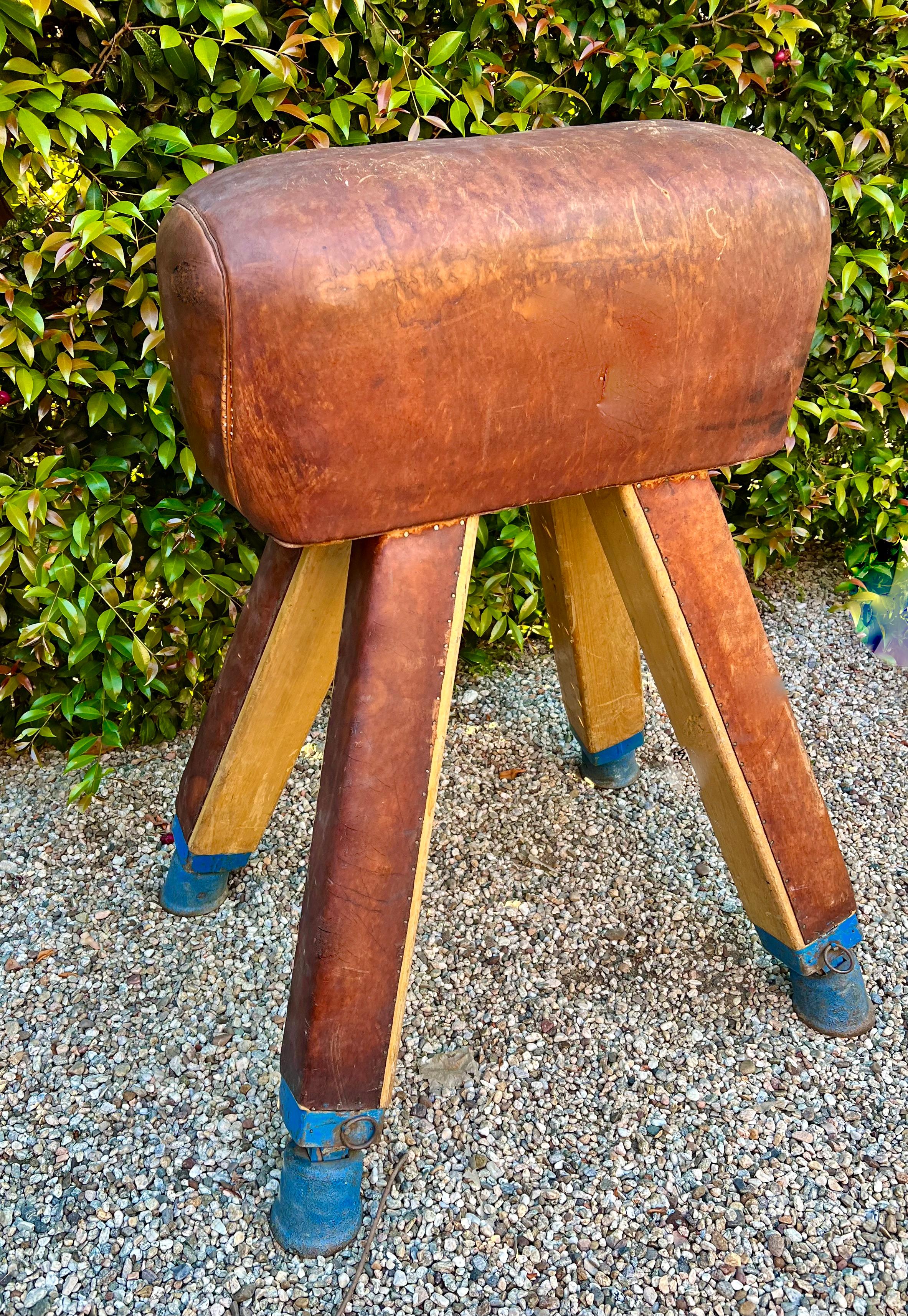 20th Century Gymnasium Leather Pommel Horse Bench Saddle Holder on Legs For Sale