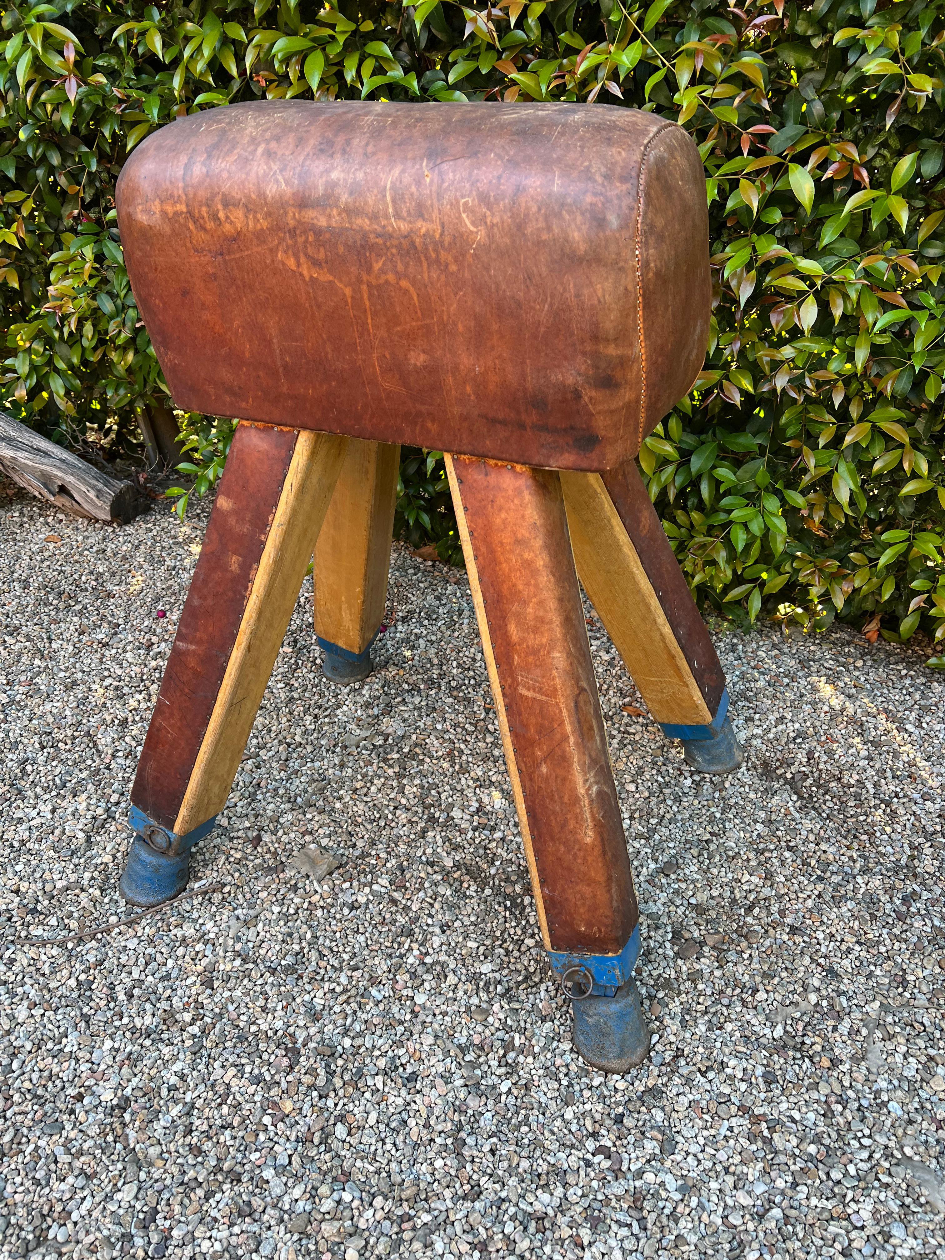 20th Century Gymnasium Leather Pommel Horse Bench Saddle Holder on Legs For Sale