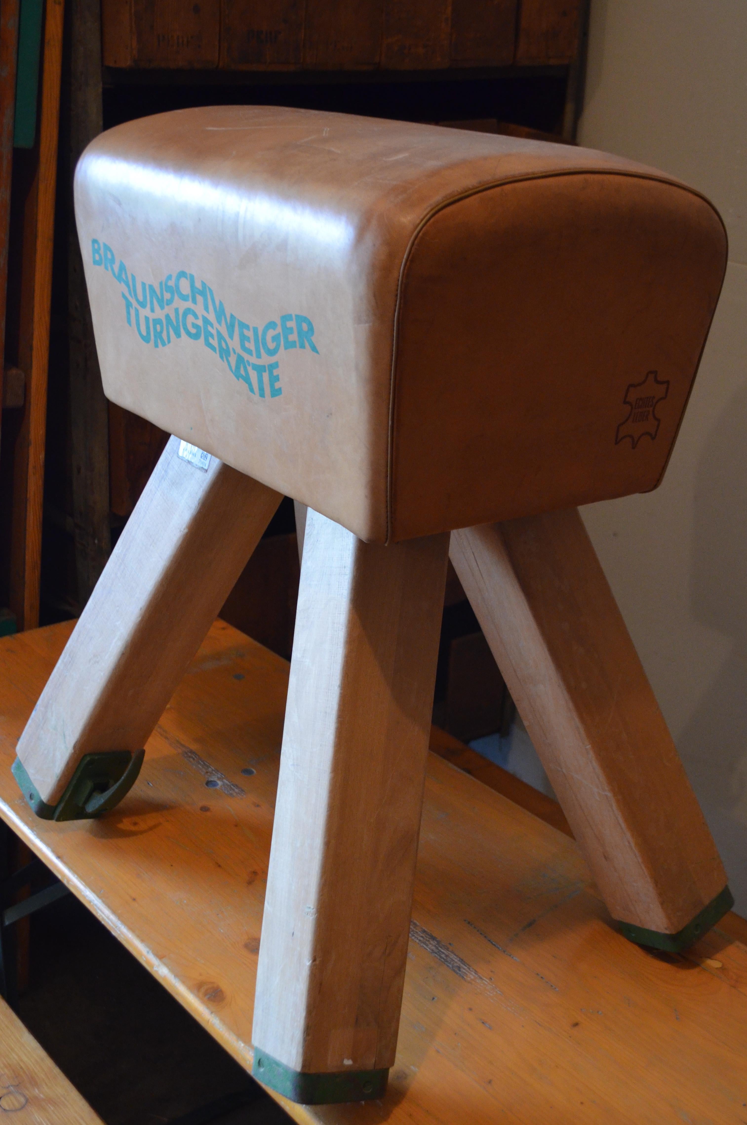 Mid-Century Modern Gymnast Goat Pommel of Leather with Wooden Legs from Germany, circa 1960s For Sale
